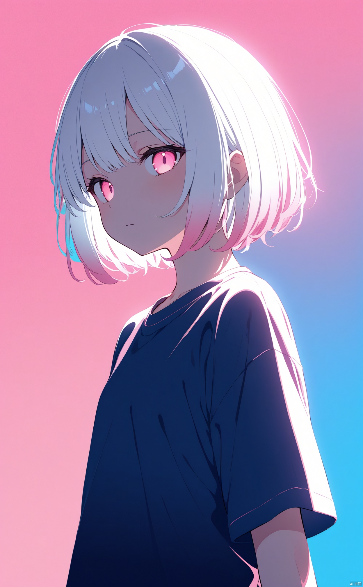 masterpiece,best quality,high quality,(colorful),loli,blue background,backlighting,pink background,multicolored hair,gradient background,simple background,expressionless,shirt,glowing,1girl,white hair,short hair,