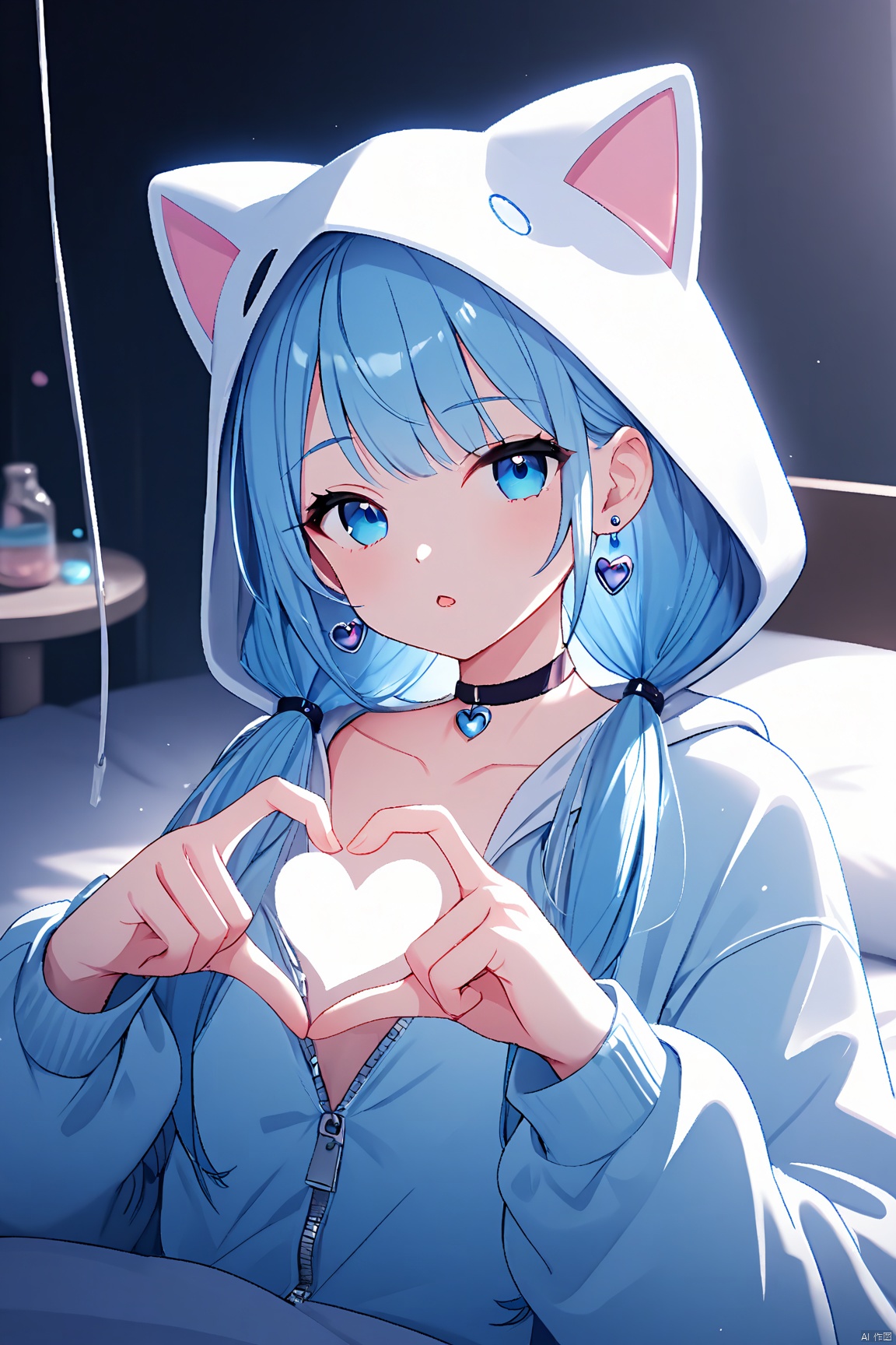 clear transparent balloon  , twintail, 1girl, animal hood, blue eyes, blue hair, cat hood, choker, earrings, hood, hoodie, long hair, looking at viewer, solo, virtual youtuber,
 in cute bedroom
, heart hands, jacket,, 4k , masterpiece, cute , masterpiece, best quality, 1girl, solo, cinematic, soft lighting, shine skin , light skin , 8k