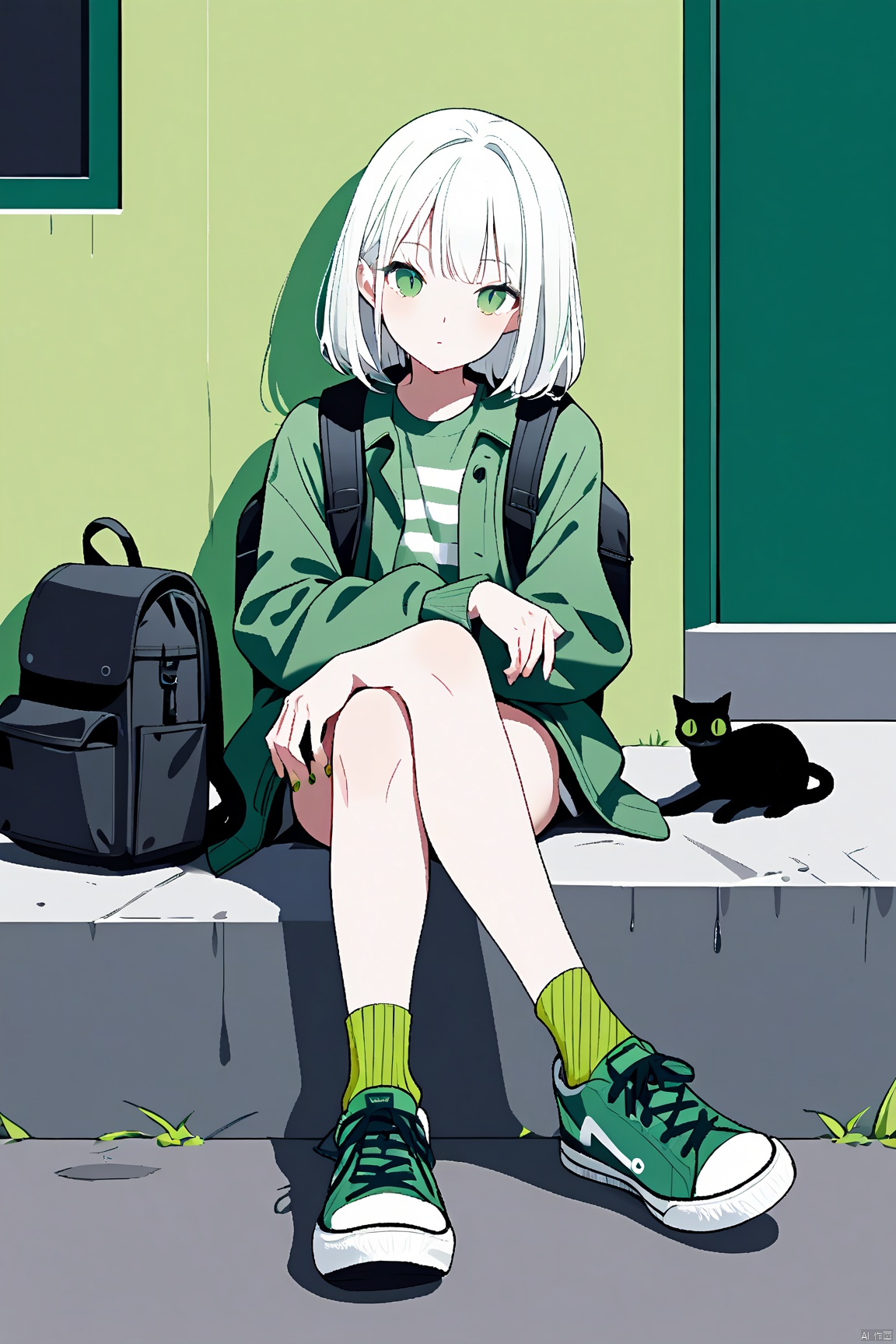  1girl, cat, green eyes, black cat, shoes, white hair, backpack, socks, looking at viewer, jacket, solo, sitting, sneakers, bag, bangs, green jacket, medium hair, animal, green theme, crossed legs, green socks, shirt