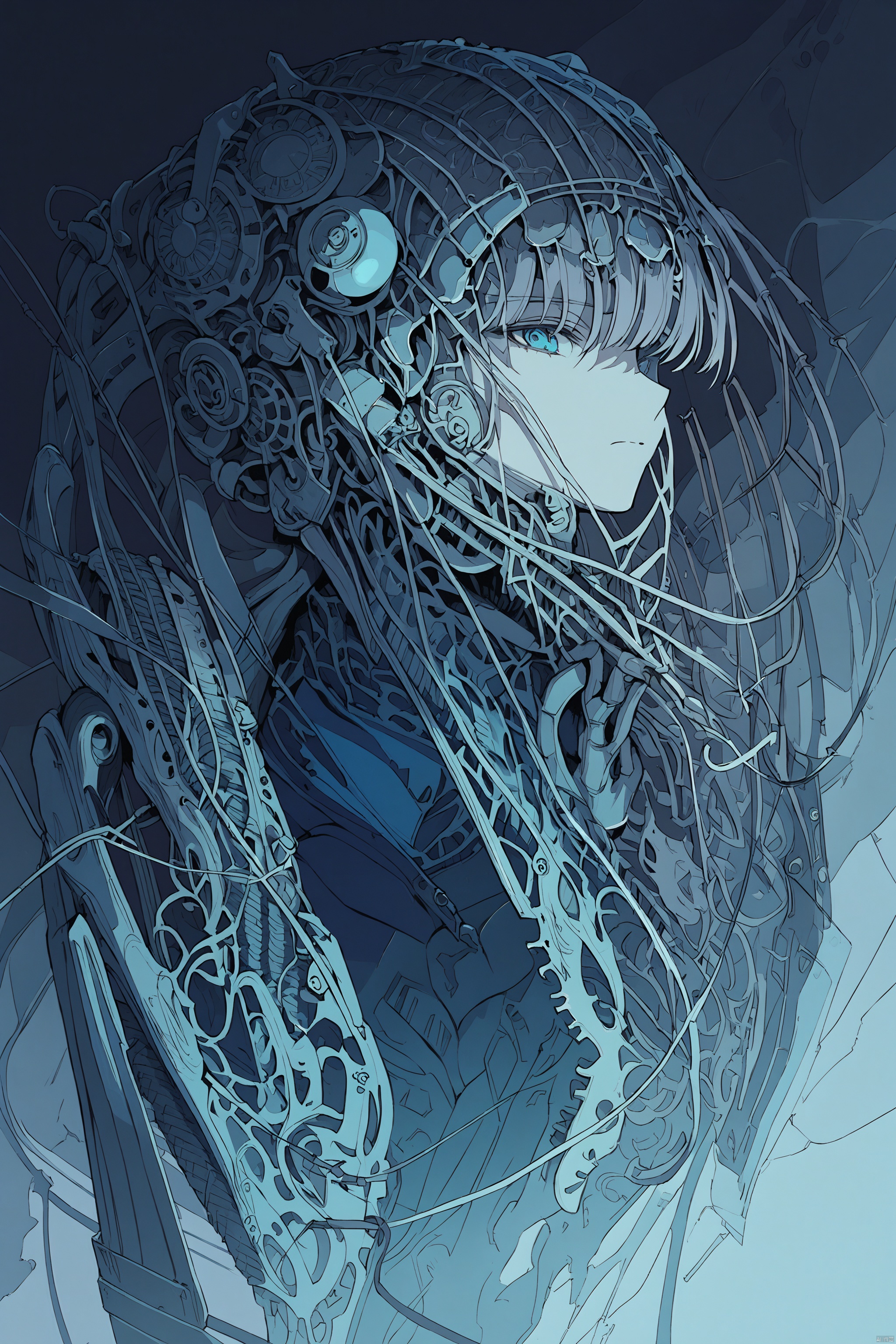  masterpiece,best quality,1mechanical girl,detailed face,shadows,8k,ultra sharp,metal,intricate,ornaments detailed,cold colors,egypician detail,highly intricate details,rending on cgsociety,facing camera,machanical limbs,mechanical cervial attaching to neck,wires and cables connecting to head,killing machine,ghost in the shell,((anime art style)),