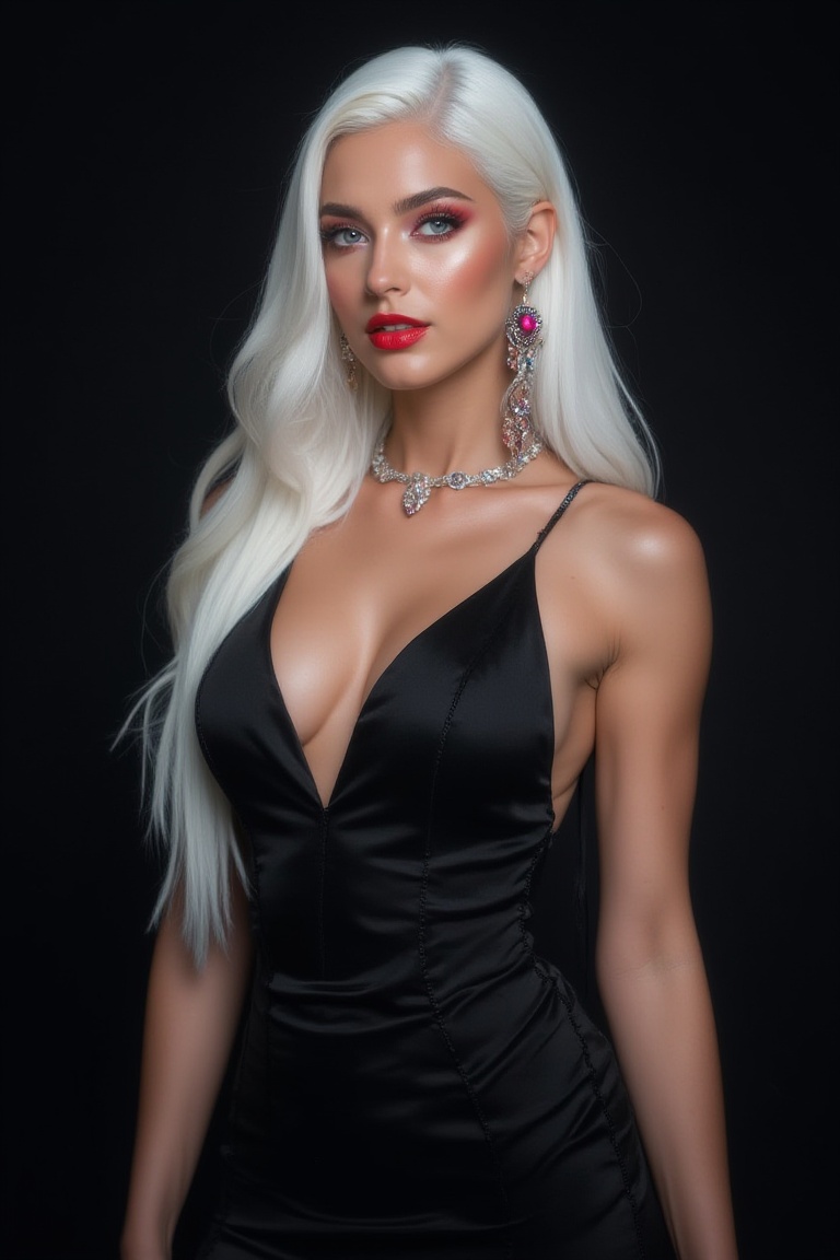 A masterpiece of elegance and coolness,  this stunning 16K artwork features a woman standing in a sleek black dress,  ador...