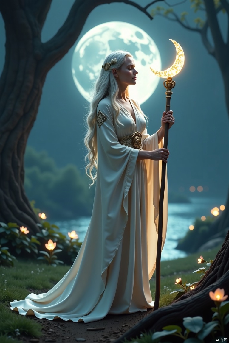 A serene and ethereal portrait of a 月之女祭司(Moon Priestess), standing gracefully in a moonlit forest clearing. The scene is bathed in soft, silvery moonlight, creating a mystical atmosphere. The 月之女祭司is adorned in flowing, moon-themed robes with intricate lunar symbols, her long, silver hair cascading down her back. She holds a staff topped with a glowing crescent moon, her eyes closed in deep meditation. The background features ancient trees with glowing moonflowers and a distant view of a tranquil, moonlit lake. The composition is centered on her, with the moonlight highlighting her serene and powerful presence.