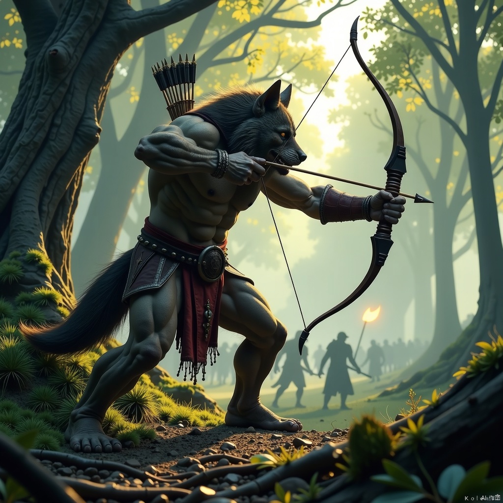 A detailed close-up shot of a fierce anthropomorphic wolf-like creature, known as a 兽人弓箭手(orc archer), aiming a powerful longbow with precision. The scene is set in a dense, shadowy forest with shafts of sunlight piercing through the canopy, casting dramatic light and shadows. The 兽人弓箭手's fur is matted and battle-worn, with muscles rippling under its skin. It stands in a dynamic, ready stance, one foot forward, arrow nocked and drawn back, eyes focused on a distant target. The background features ancient trees and a faint glimpse of a medieval battlefield.