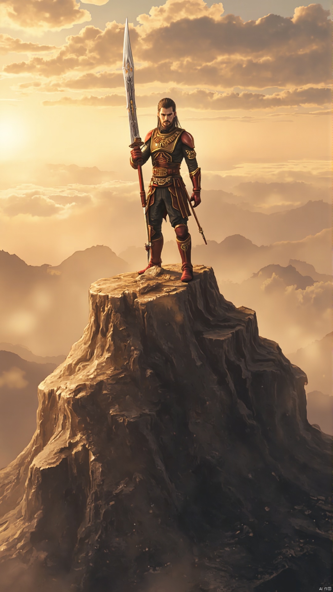 A lone warrior stands atop a misty mountain peak, sword in hand, its blade glinting in the early morning light. The surrounding landscape is bathed in a warm, golden glow, with wispy clouds drifting lazily across the sky. The subject's gaze is fixed intently on the horizon, ready to face whatever challenges lie ahead.