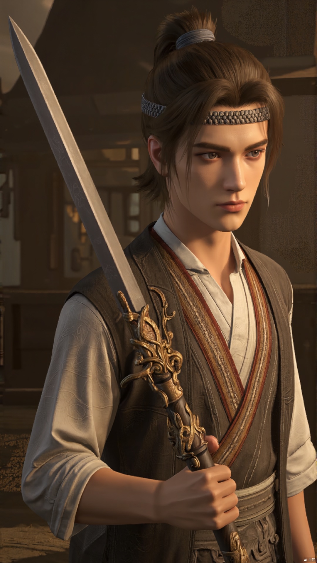 An ancient man holding an ancient sword