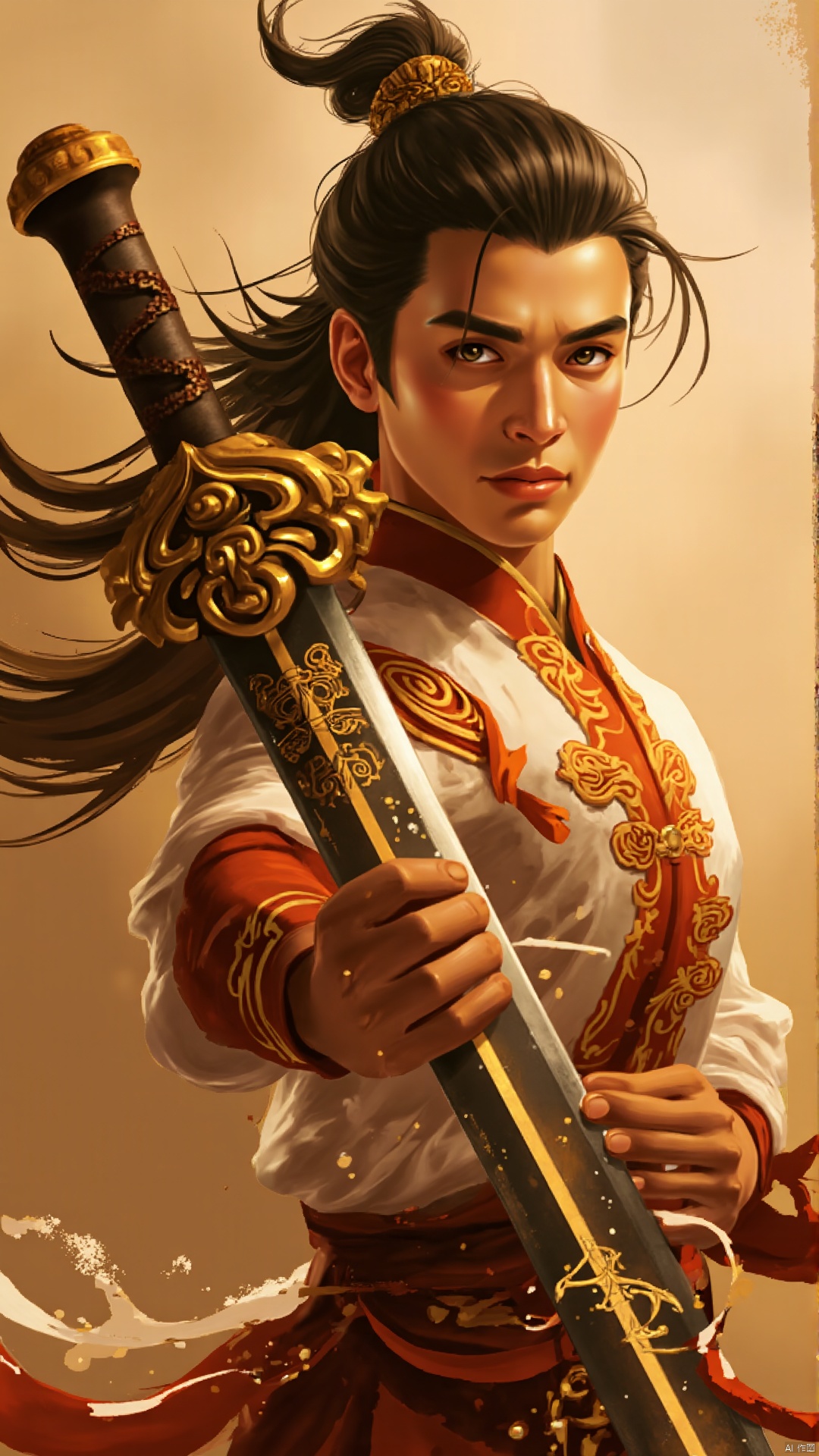 A close-up shot of a dashing young warrior, dressed in traditional Chinese Hanfu attire, grips an ancient sword with confident ease. His handsome features gleam under warm, golden lighting as he raises the sword to wave it victoriously, his dark hair blowing gently in the background's subtle breeze. The soft, earthy tones of the surroundings evoke a sense of nostalgia and adventure.
