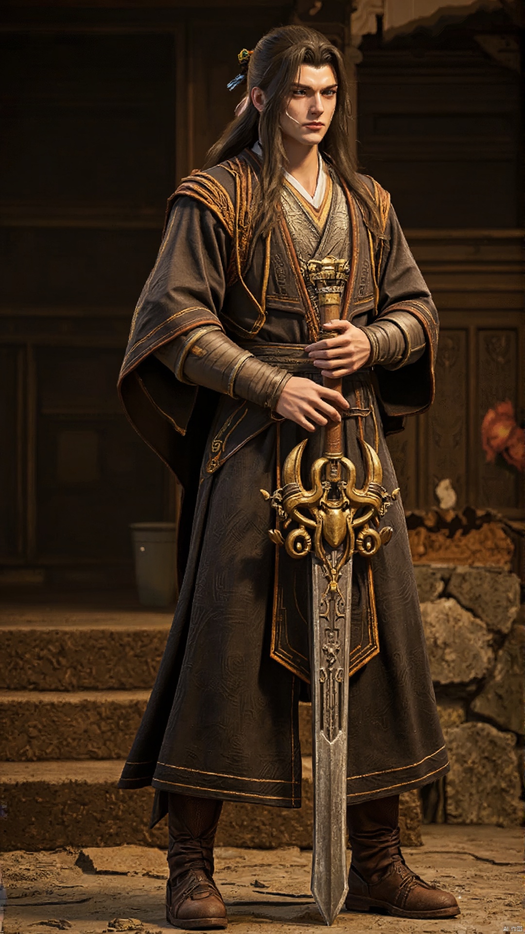 An ancient man holding an ancient sword