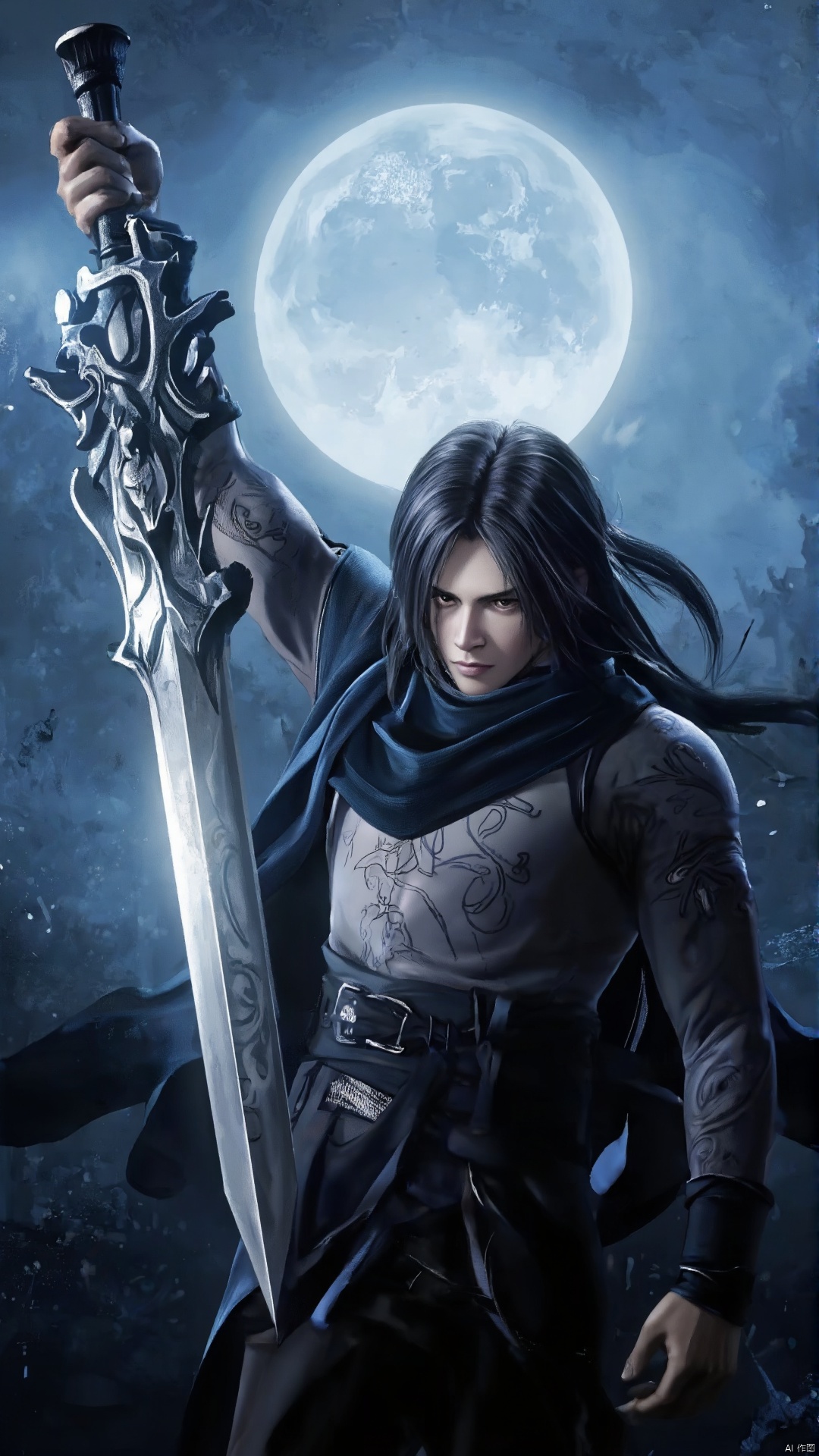 A solitary figure stands proud, surrounded by a misty aura. A male subject with long, flowing black hair holds a majestic sword aloft, its blade glinting in the soft, moonlit glow. The dark locks cascade down his back like a waterfall of night, framing his strong features. He appears lost in thought, the only sound being the distant hum of a lonely forest.