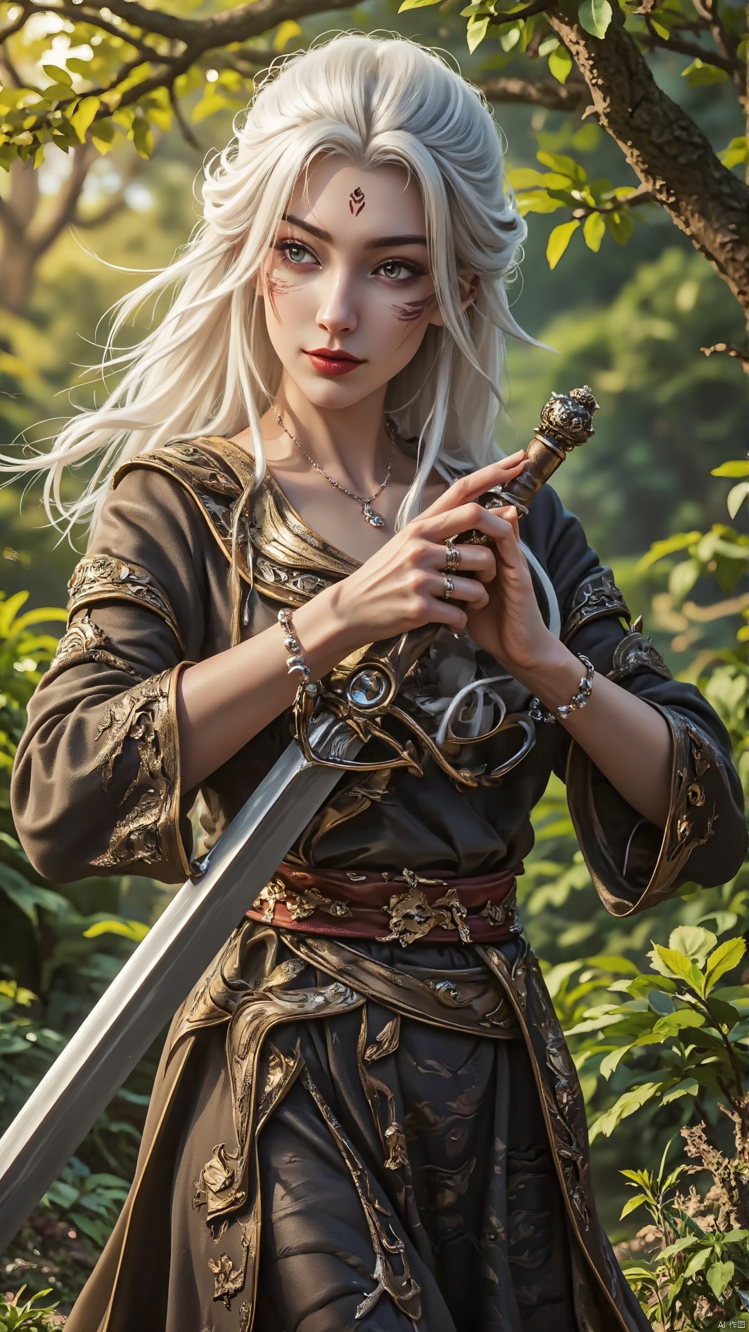 A majestic elderly woman with a dignified expression holds a sword with both hands, her white hair fluttering in the gentle breeze. She stands confidently, one foot slightly forward, as if ready to charge into battle. The warm sunlight casts a golden glow on her wrinkled skin and wispy locks, while the lush greenery of a mystical forest provides a vibrant backdrop for this powerful tableau.