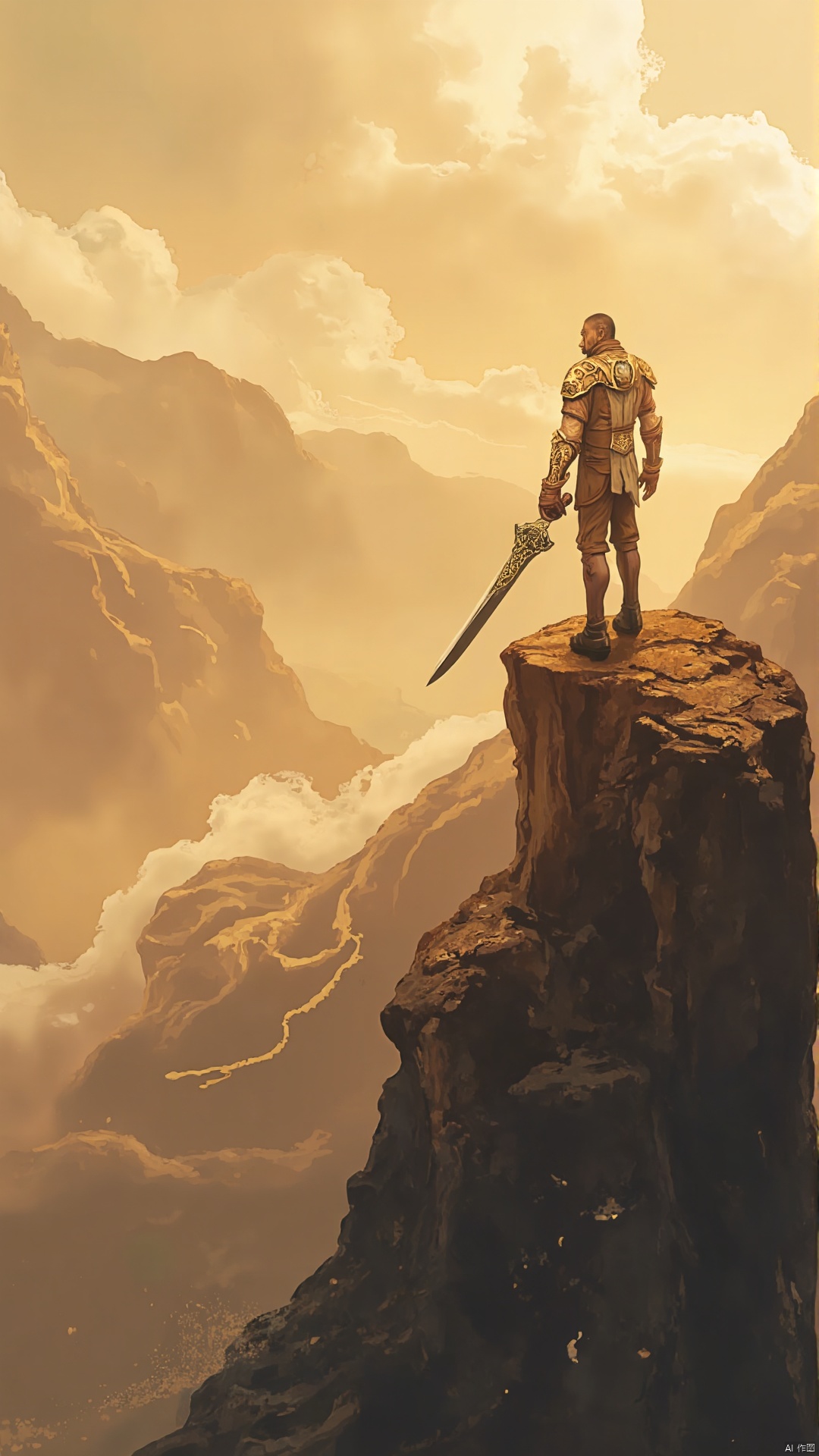A lone warrior stands atop a misty mountain peak, sword in hand, its blade glinting in the early morning light. The surrounding landscape is bathed in a warm, golden glow, with wispy clouds drifting lazily across the sky. The subject's gaze is fixed intently on the horizon, ready to face whatever challenges lie ahead.