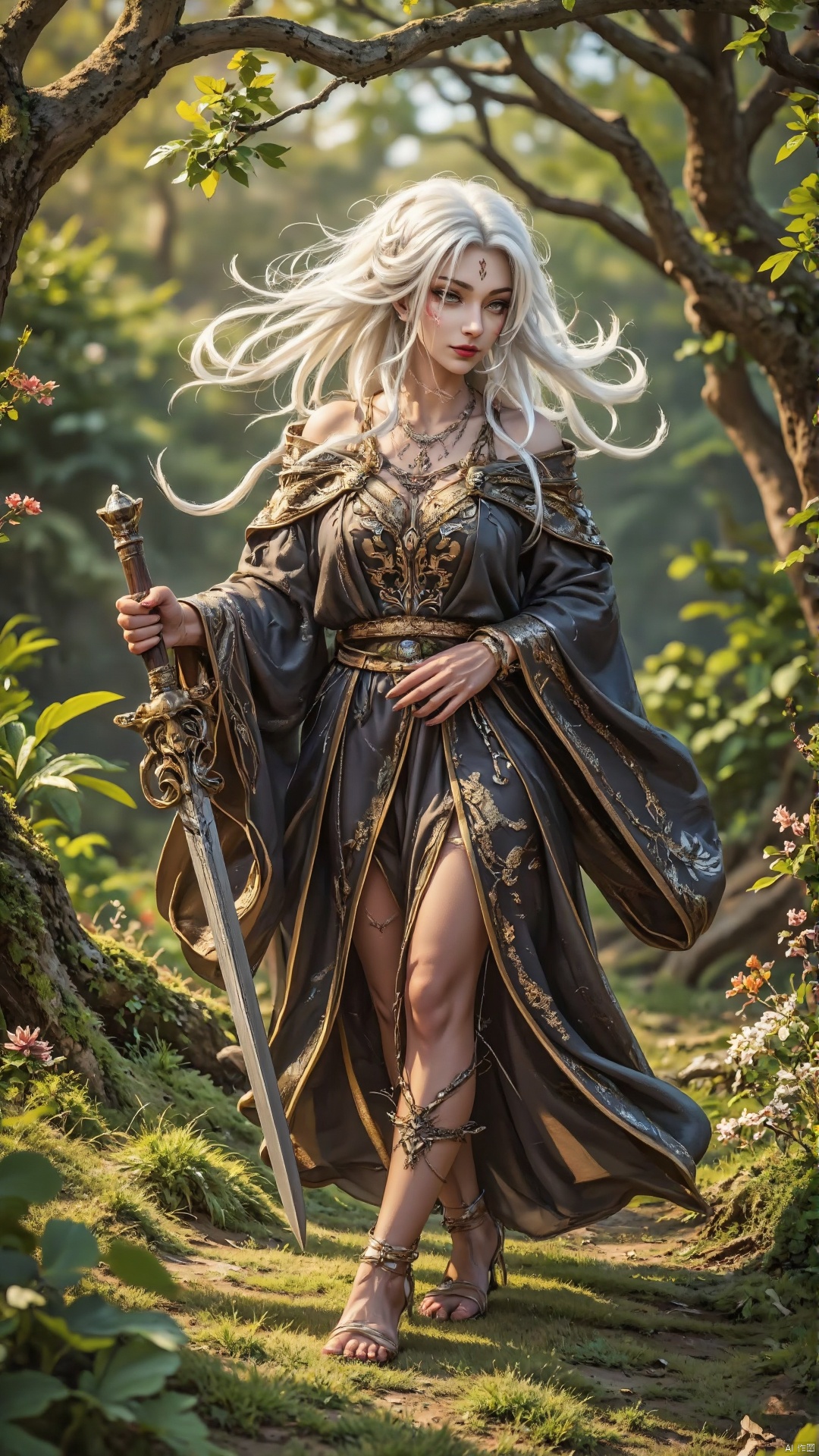 A majestic elderly woman with a dignified expression holds a sword with both hands, her white hair fluttering in the gentle breeze. She stands confidently, one foot slightly forward, as if ready to charge into battle. The warm sunlight casts a golden glow on her wrinkled skin and wispy locks, while the lush greenery of a mystical forest provides a vibrant backdrop for this powerful tableau.