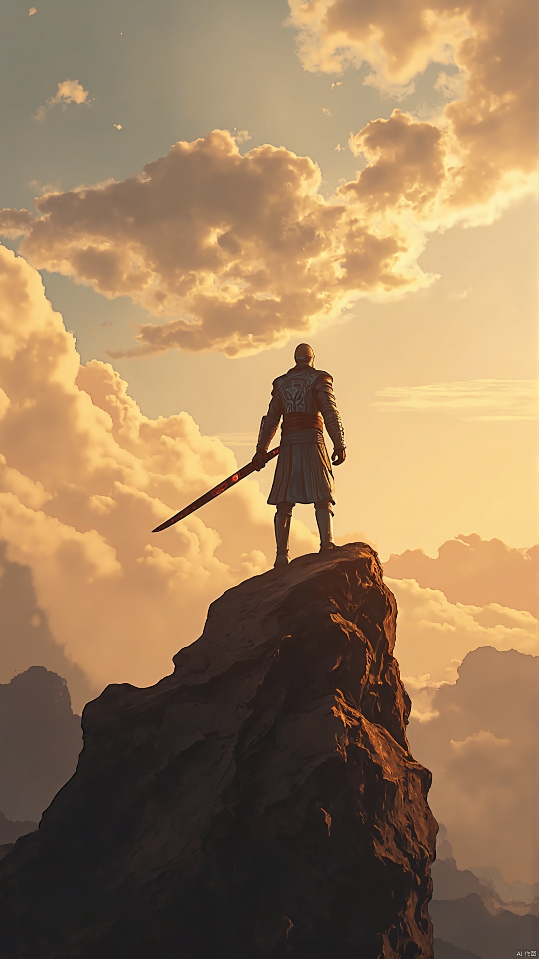 A lone warrior stands atop a misty mountain peak, sword in hand, its blade glinting in the early morning light. The surrounding landscape is bathed in a warm, golden glow, with wispy clouds drifting lazily across the sky. The subject's gaze is fixed intently on the horizon, ready to face whatever challenges lie ahead.