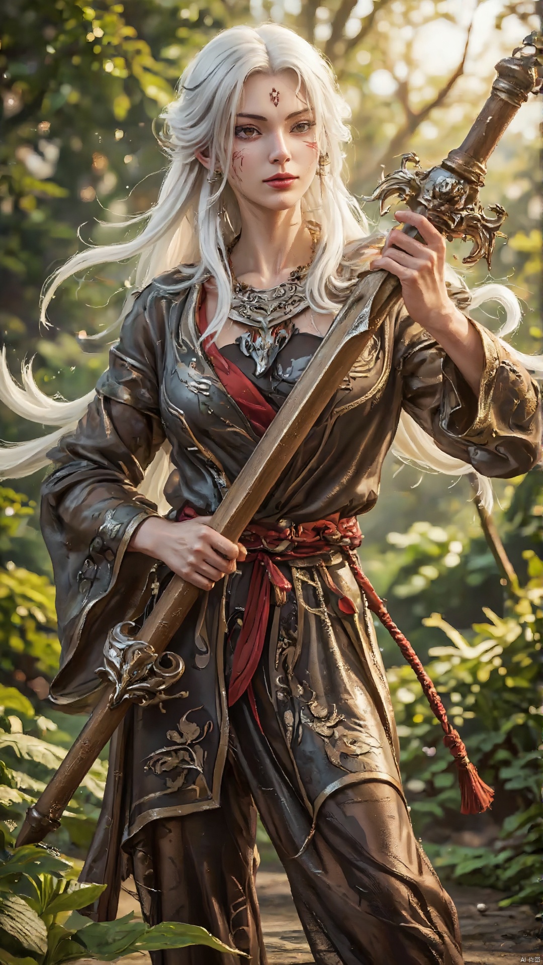 A majestic elderly woman with a dignified expression holds a sword with both hands, her white hair fluttering in the gentle breeze. She stands confidently, one foot slightly forward, as if ready to charge into battle. The warm sunlight casts a golden glow on her wrinkled skin and wispy locks, while the lush greenery of a mystical forest provides a vibrant backdrop for this powerful tableau.