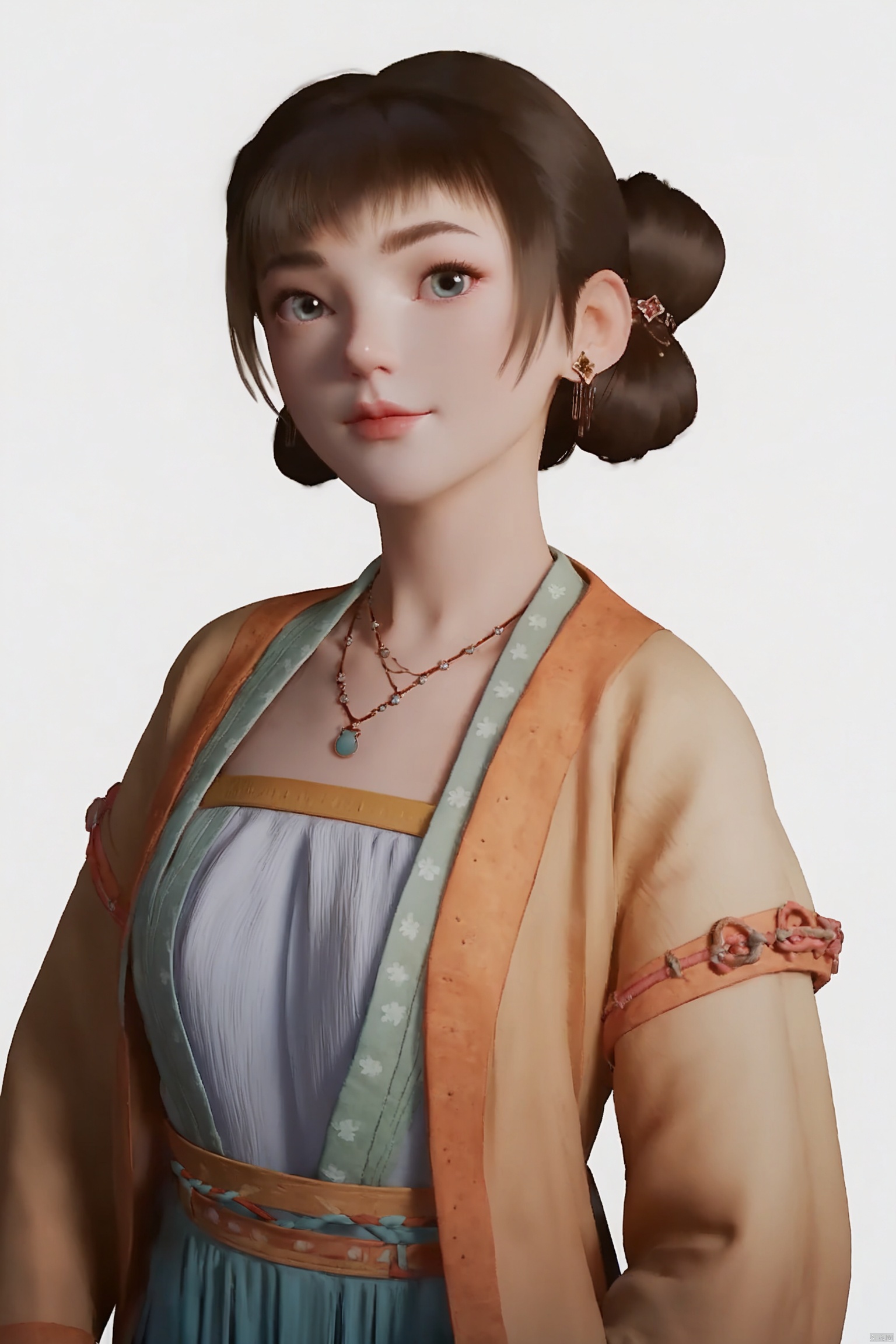 score_9,score_8_up,score_7_up, highly detailed digital, realistic, 
1girl, solo, earrings, necklace, jewelry,long sleeves, simple background, white background, upper body, standing, looking at viewer, 