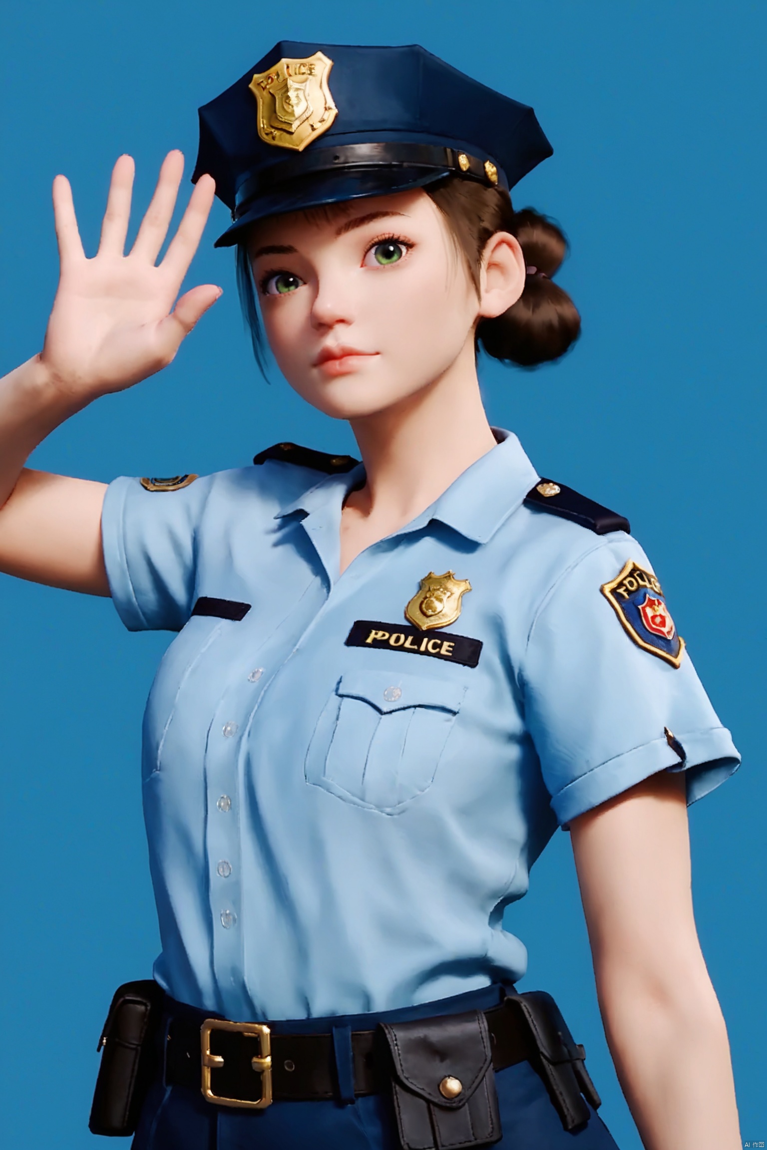 score_9,score_8_up,score_7_up, highly detailed digital, realistic, 
1girl, solo, looking at viewer, simple background, (police_uniform:1.2), closed mouth, waving, closed mouth, cowboy shot, blue background, ,
