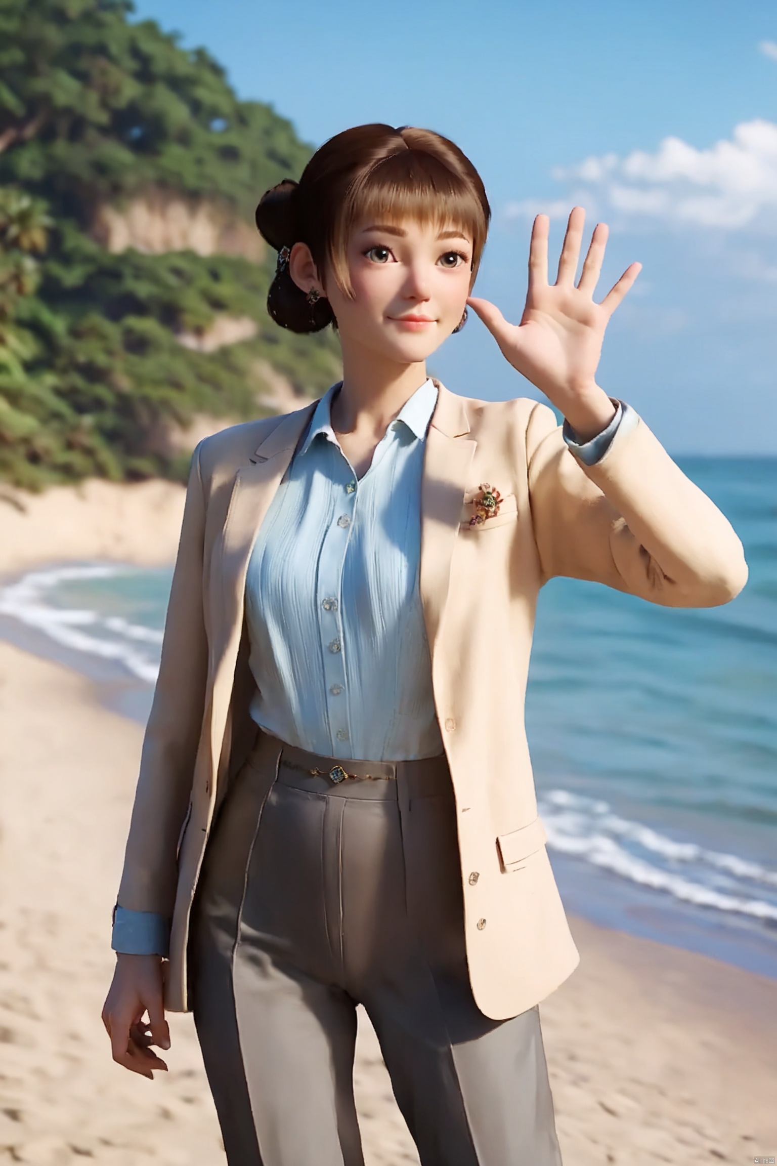 score_9,score_8_up,score_7_up, highly detailed digital, realistic, 
1girl, solo, waving, closed mouth, (suit1.2),cowboy shot,beach,