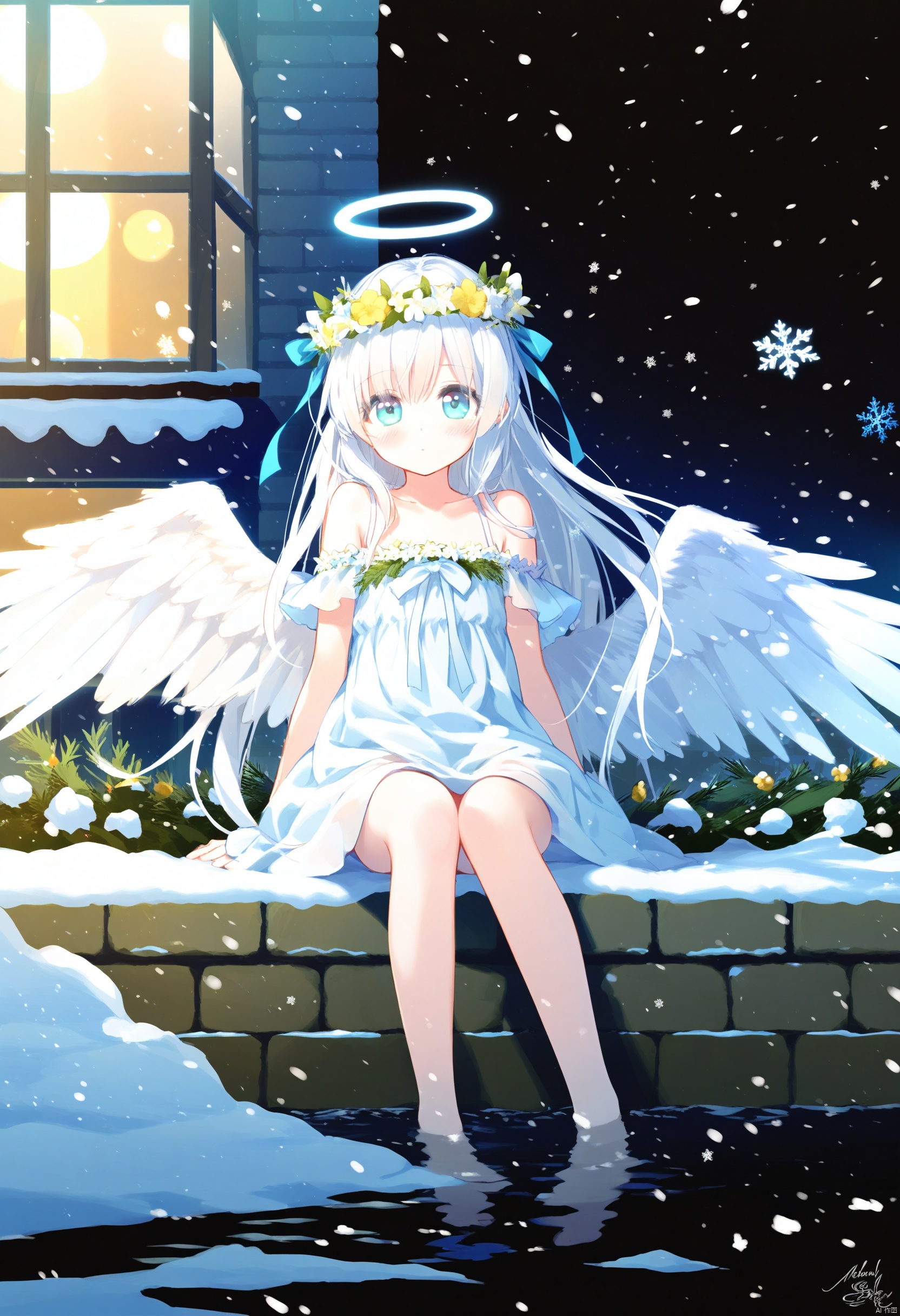 Elite,1girl, solo, long hair, looking at viewer, blush, blue eyes, dress, ribbon, bare shoulders, sitting, hair ribbon, flower, white hair, wings, barefoot, water, star \(symbol\), aqua eyes, halo, building, snow, angel wings, angel, snowflakes, head wreath