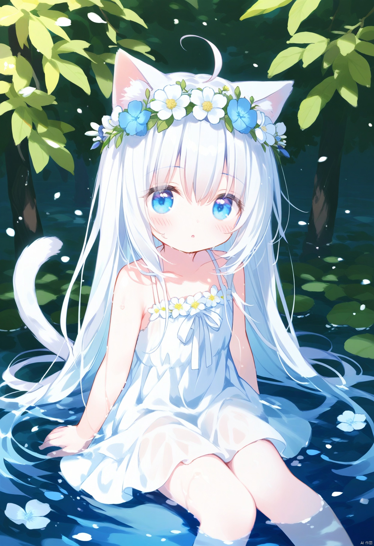 Elite,1girl, solo, long hair, looking at viewer, blush, bangs, blue eyes, white background, dress, animal ears, hair between eyes, bare shoulders, sitting, very long hair, collarbone, tail, flower, ahoge, white hair, parted lips, sleeveless, cat ears, water, white dress, :o, tree, wet, cat tail, animal ear fluff, bare arms, petals, sleeveless dress, feet out of frame, white flower, cat girl, blue flower, head wreath, tail raised, flower wreath, shallow water