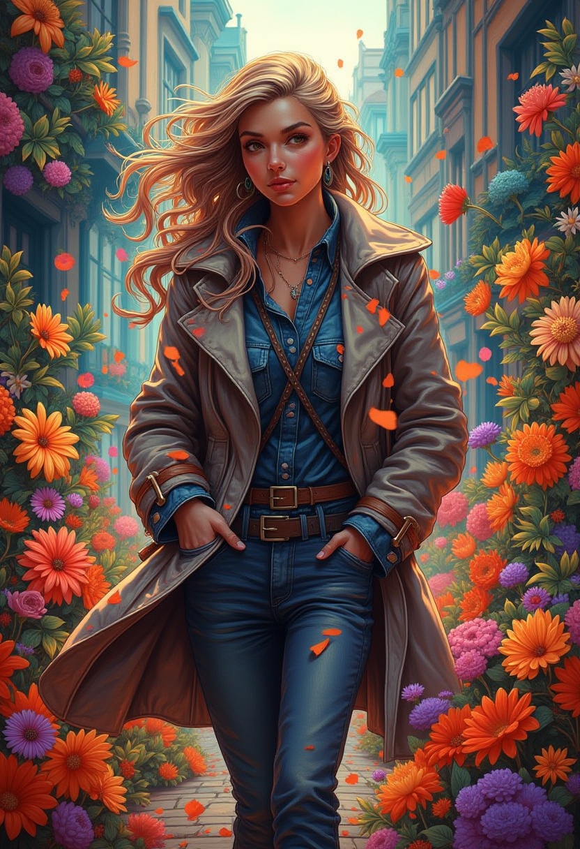 c0l0rw0rldd. A beautiful woman ,  wearing a large coat,  trudges through the flower covered streets of London on Tensor.Art