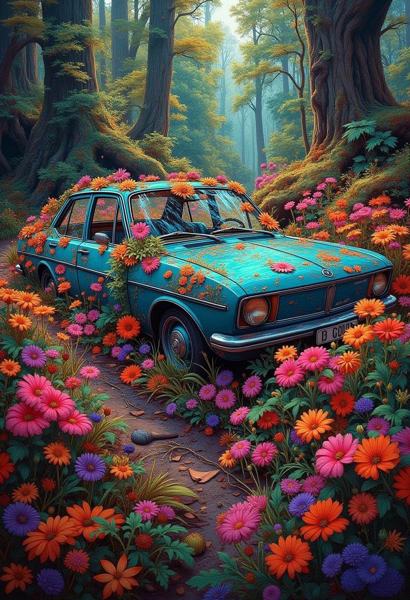 c0l0rw0rldd. Abbandoned old car in a flower forest on Tensor.Art