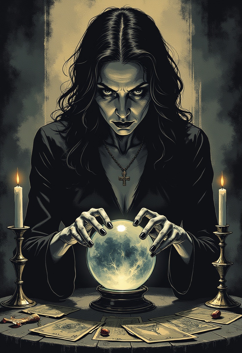 d4rkc0mic . An enigmatic fortune teller in a dimly lit room,  her hands hovering over a crystal ball. Her eyes are intense...