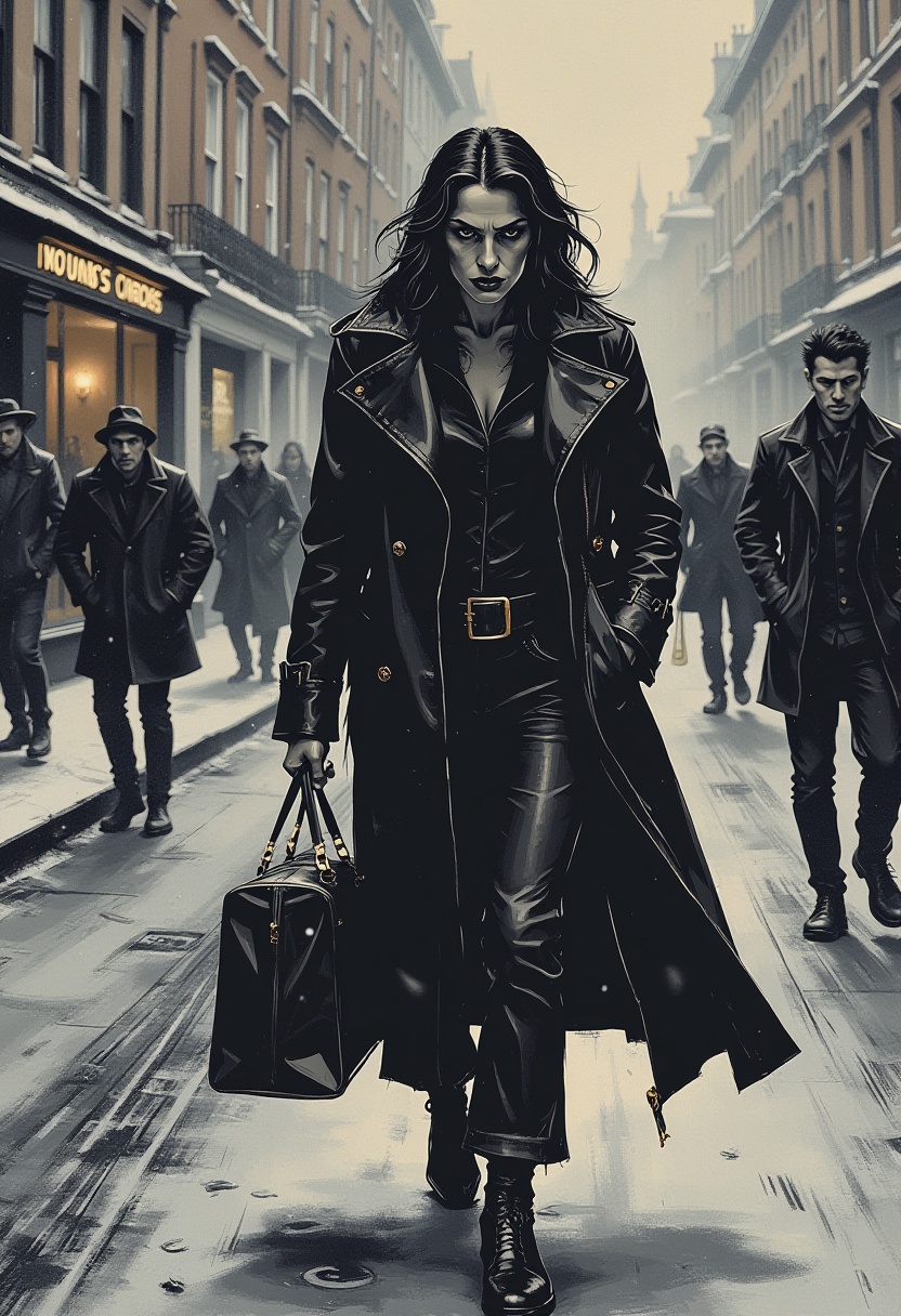 d4rkc0mic . A beautiful woman ,  wearing a large coat,  trudges through the snow covered streets of London on Tensor.Art