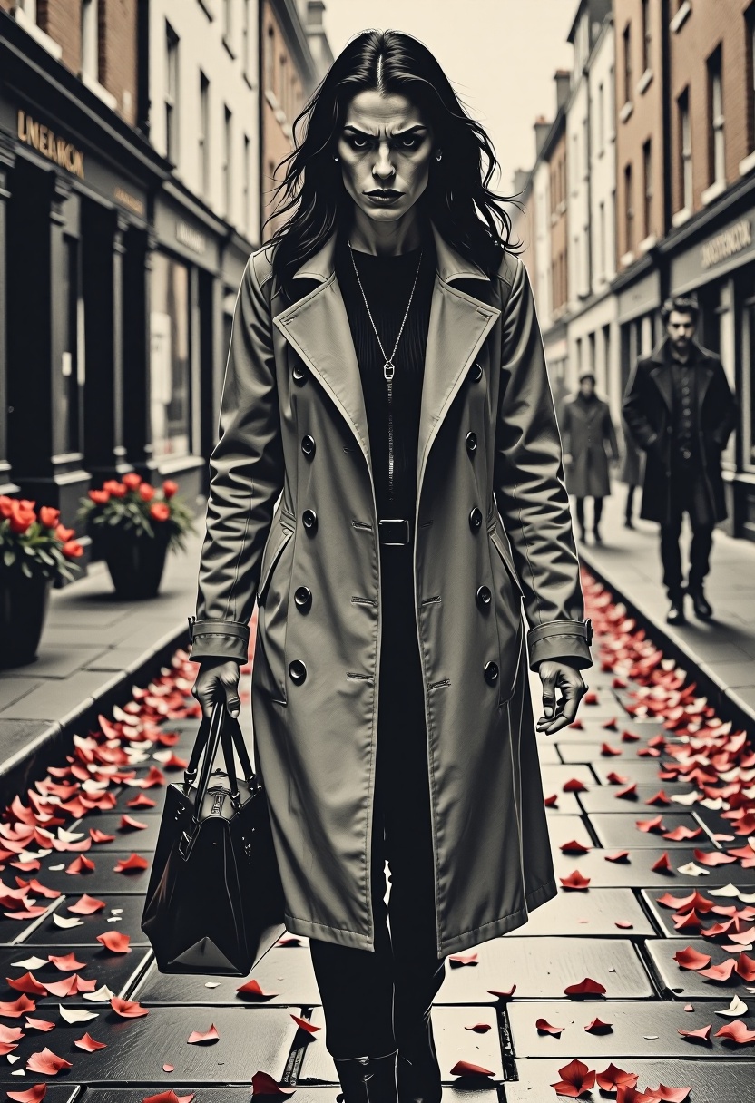 d4rkc0mic . A beautiful woman ,  wearing a large coat,  trudges through the flower covered streets of London on Tensor.Art
