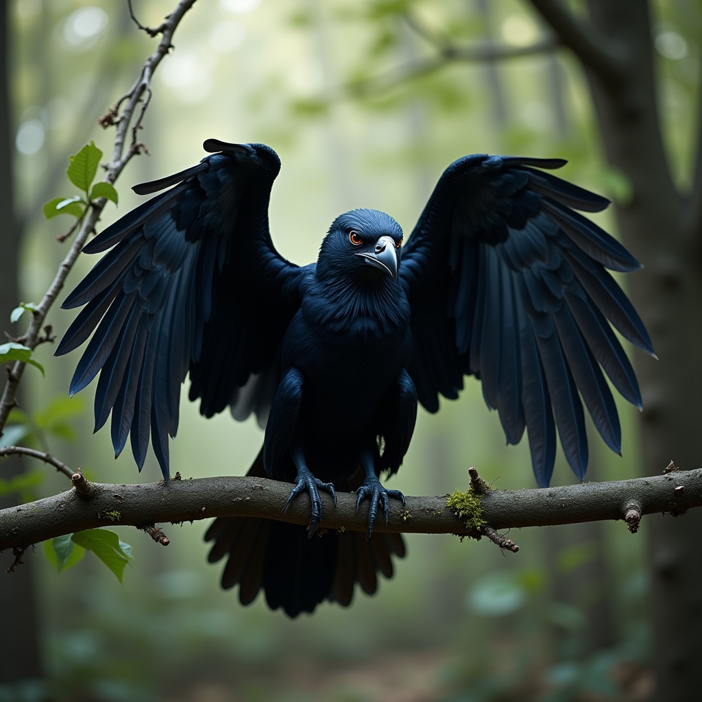 fraven,  spread wings,  sitting on branch on Tensor.Art