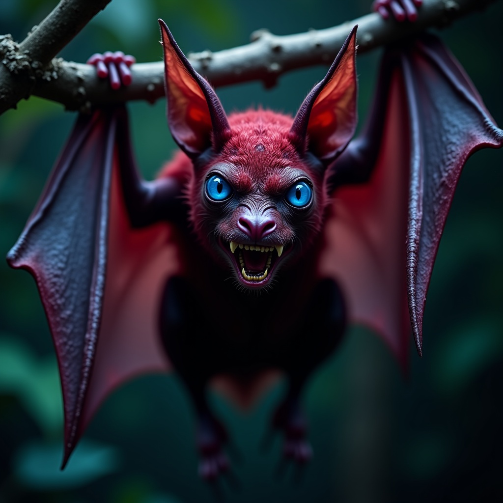 A mysterious bat that looks evil. The bat sits upside-down on a branch. It has a creepy red skin and giant ears. The eyes...