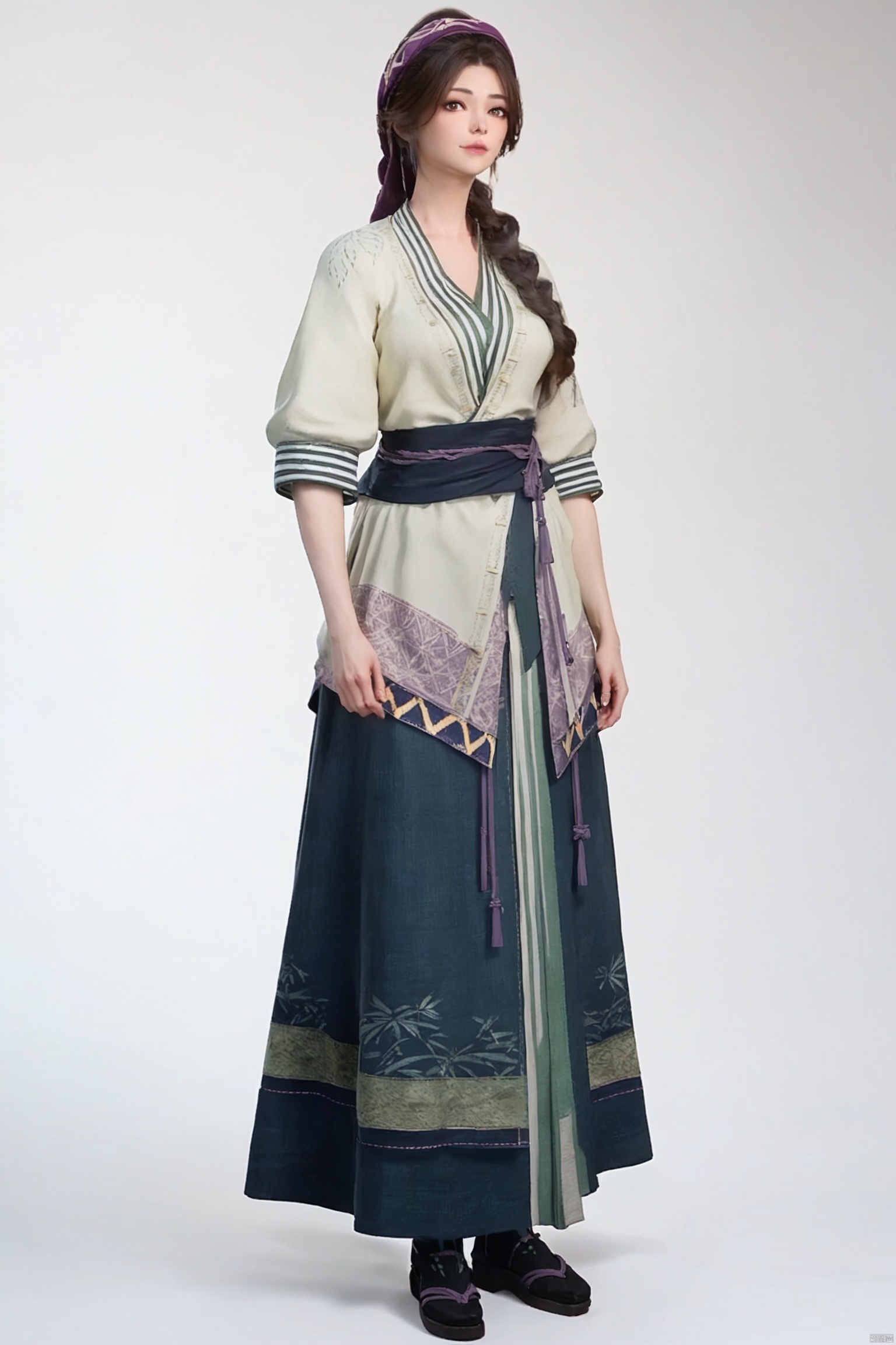 score_9,score_8_up,score_7_up, highly detailed digital, realistic, 
1girl, solo, traditional clothes, long skirt, black footwear, simple background, white background,  full body, standing, looking at viewer,