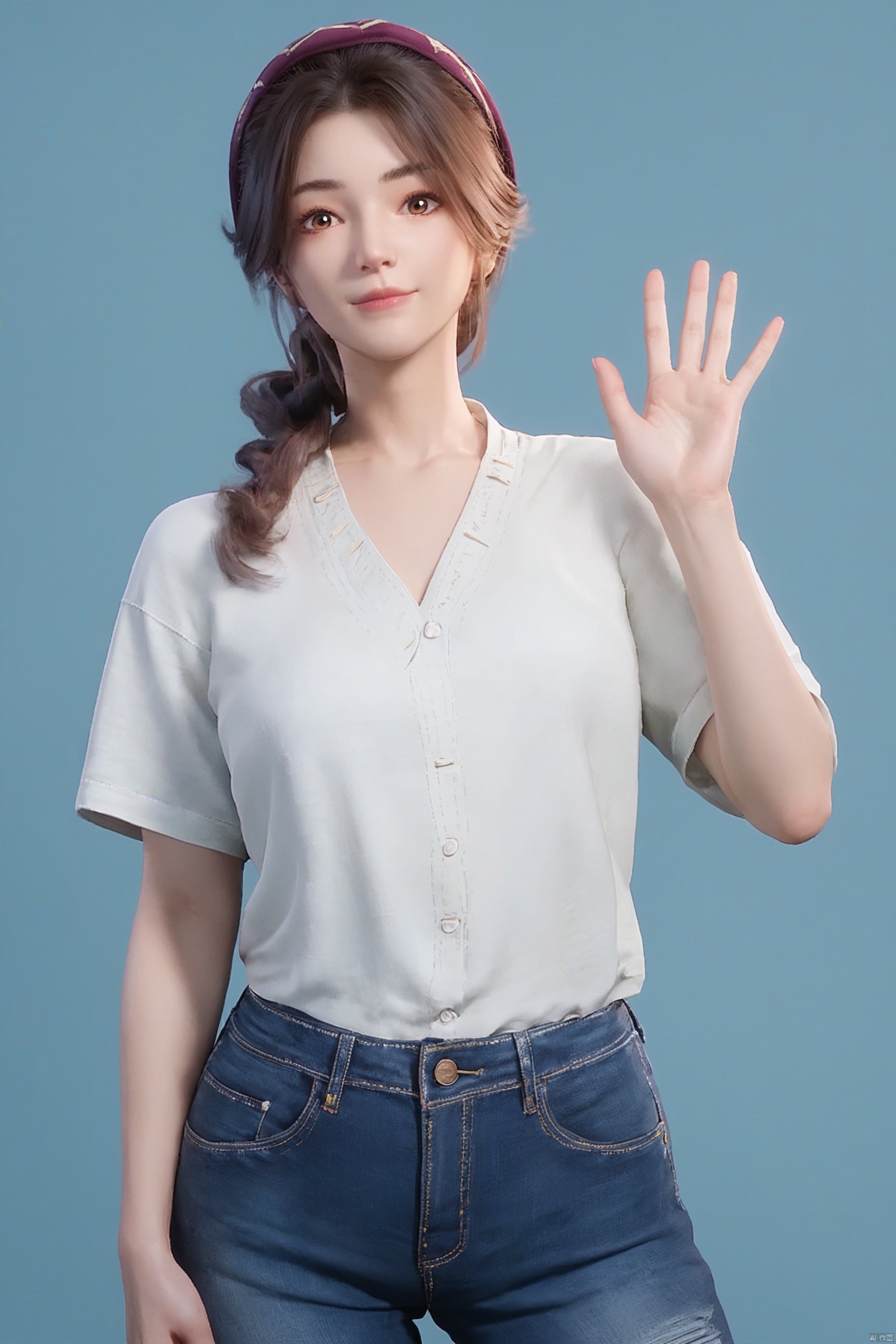 score_9,score_8_up,score_7_up, highly detailed digital, realistic, 
1girl, solo, looking at viewer, simple background, (shirt:1.2), closed mouth, white shirt, waving, cowboy shot, blue background, denim,