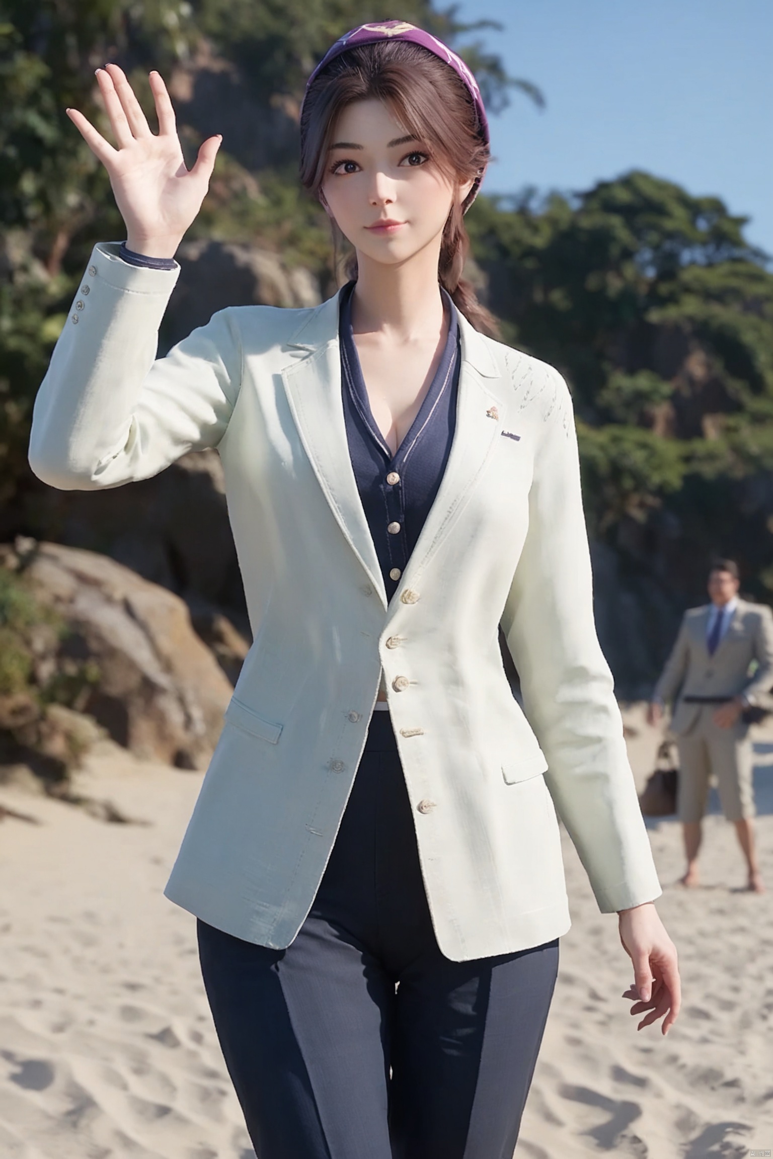 score_9,score_8_up,score_7_up, highly detailed digital, realistic, 
1girl, solo, waving, closed mouth, (suit1.2),cowboy shot,beach,