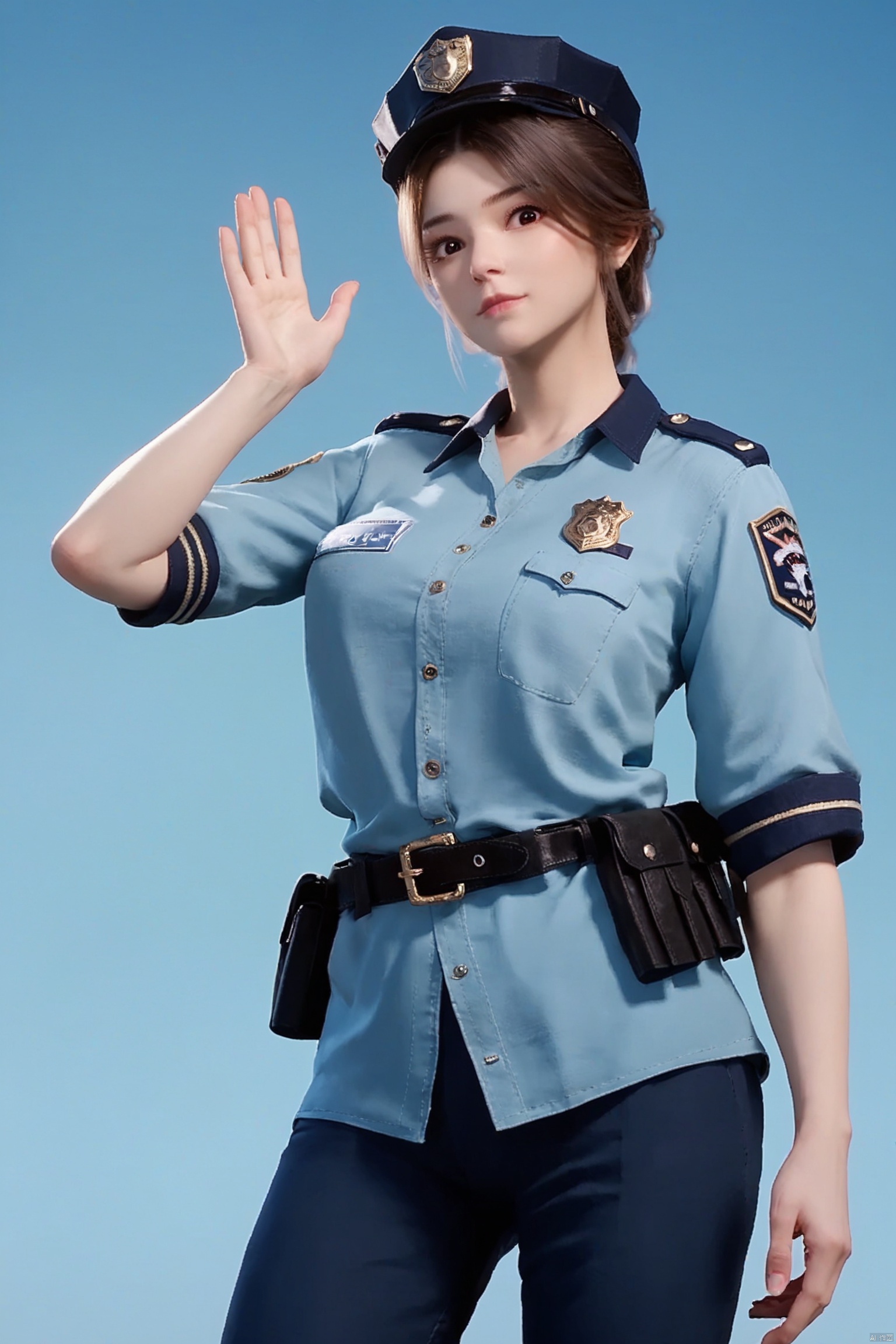 score_9,score_8_up,score_7_up, highly detailed digital, realistic, 
1girl, solo, looking at viewer, simple background, (police_uniform:1.2), closed mouth, waving, closed mouth, cowboy shot, blue background, ,