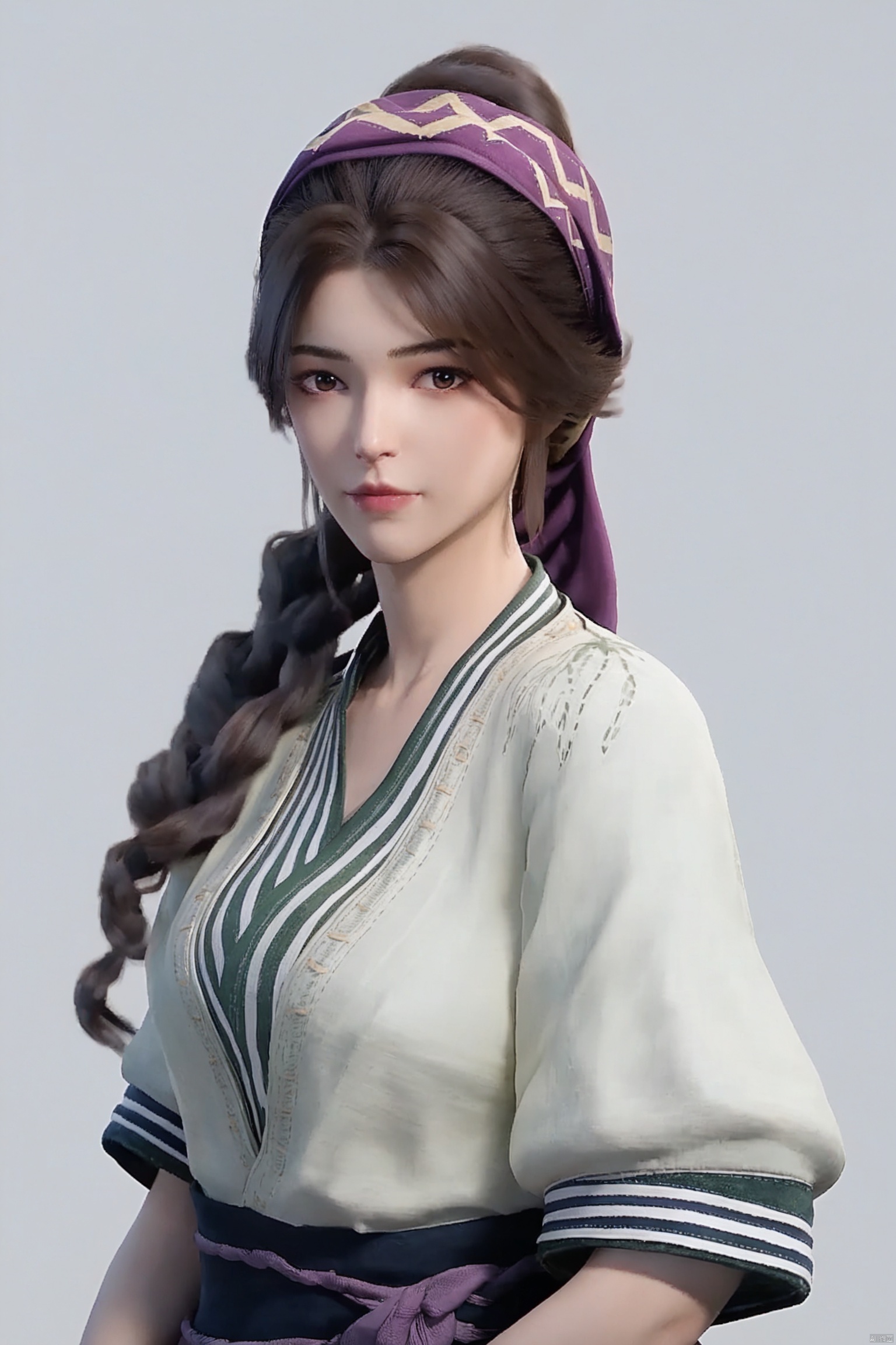 score_9,score_8_up,score_7_up, highly detailed digital, realistic, 
1girl, solo, traditional clothes,simple background, white background, upper body, standing, looking at viewer,