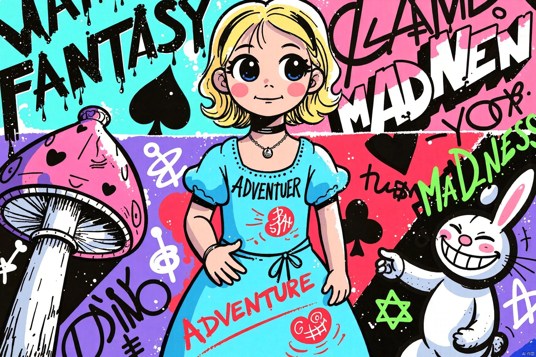 Generate a vibrant and edgy street - style graffiti artwork inspired by *Alice in Wonderland*. 

At the center stands a bold, stylized depiction of Alice. Her eyes are large and dreamy, outlined with thick, black lines, and her hair is a wild mass of blonde curls, rendered in a mix of white and pale yellow spray paint. Across her forehead, the word "WONDER" is scrawled in a graffiti - like font, with drips of paint running down the sides.

She's wearing her iconic blue dress, but it's been transformed into a canvas of street art. The dress is covered in tags, symbols, and strange patterns. There are hearts and spades, classic symbols from the Wonderland card deck, painted in bright reds and blacks. The word "ADVENTURE" is written in a large, uneven font across the skirt.

Around her neck is a choker made up of a series of small, spray - painted gears and keys, symbolizing the strange and mechanical elements of Wonderland. In her hand, she holds a pocket watch, its face a swirl of neon colors, with the hands seemingly frozen in time.

The background is a chaotic mix of colors and images. There are large, stylized mushrooms in shades of purple, pink, and green, with little creatures like the Cheshire Cat's grinning face peeking out from behind them. The Cheshire Cat's face is painted in a trippy, neon - green with a wide, mischievous smile.

Words like "FANTASY" and "MADNESS" are scattered throughout the background in various fonts and colors, some in bold, block letters and others in thin, wispy script. There are also stenciled images of the White Rabbit, running in a hurry, and the Queen of Hearts, with her crown and scepter, all reimagined in a raw, street - art aesthetic.

The overall piece is a high - energy, visually striking homage to *Alice in Wonderland*, combining the whimsy of the original story with the gritty, rebellious spirit of street graffiti. 