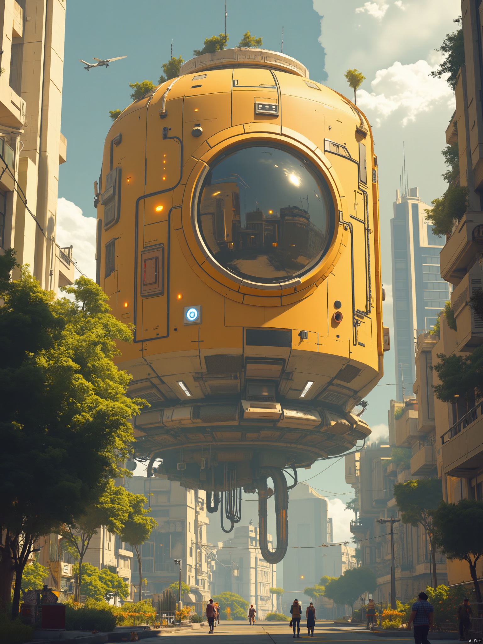 OBweilai,
Captured from a high-angle perspective on a sunny day
a large yellow space ship is suspended in the air. The ship is adorned with a round window
a small white light fixture
and a few trees and shrubs. There are a few people walking on the street below the ship. In the distance
there are tall buildings and skyscrapers. The sky is dotted with white clouds
adding a touch of color to the scene.