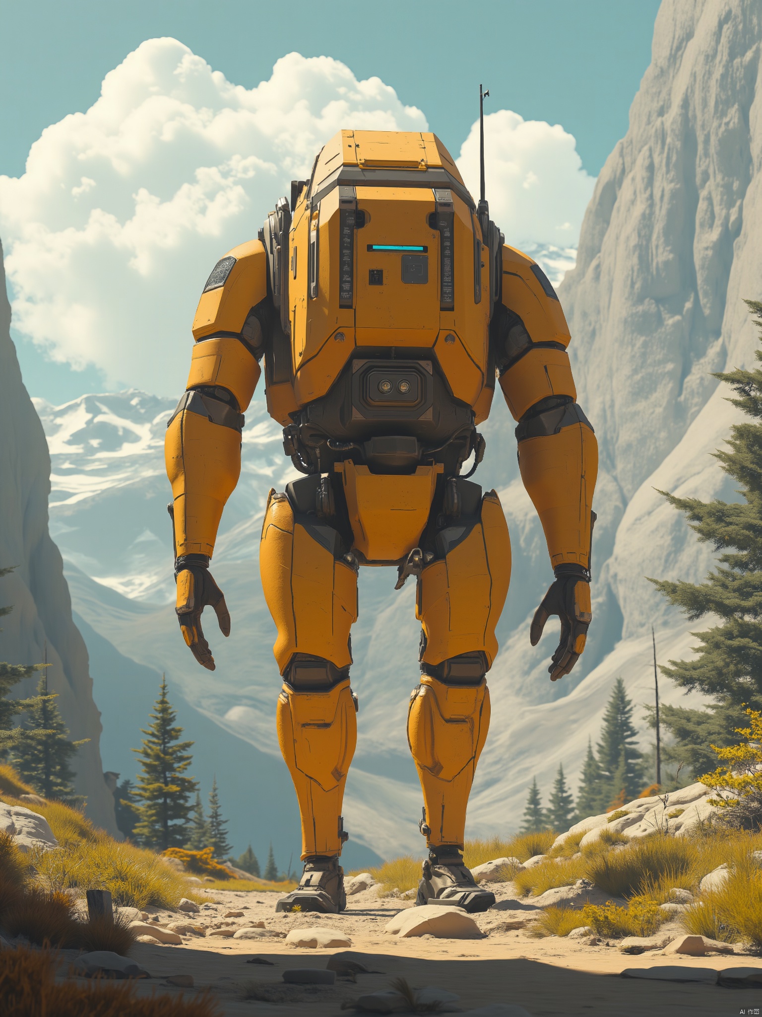 OBweilai,
Captured at eye-level on a low-angle perspective
a medium-angle shot captures a vibrant yellow robot-like creature with its arms outstretched. The creature's body is adorned with a black belt and a yellow backpack
adding a pop of color to the otherwise monochromatic scene. The scene is set against a backdrop of a mountain range
with a bright blue sky dotted with white clouds
adding depth to the scene.