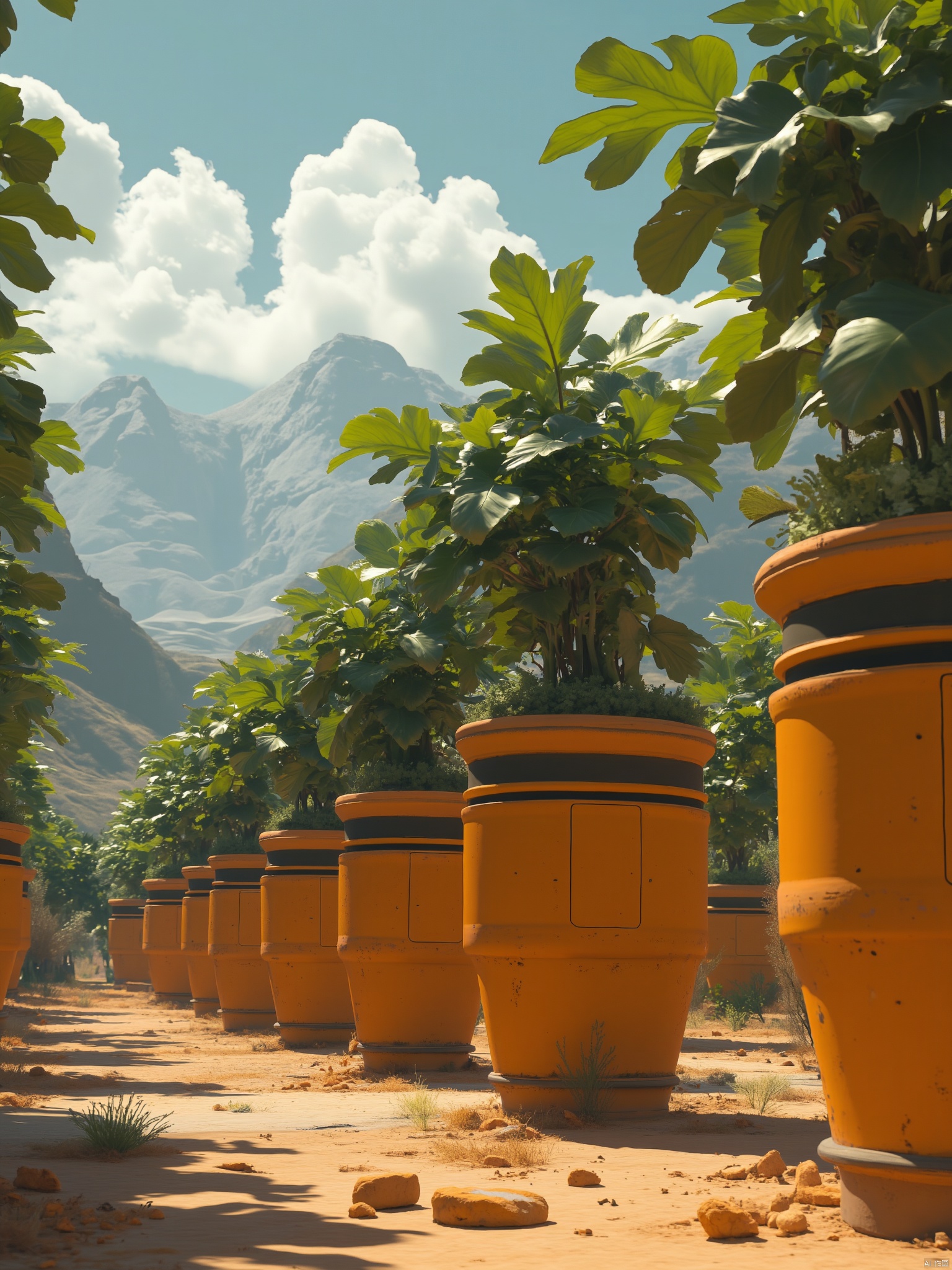 OBweilai,
Captured at eye-level on a sunny day
the sun shines down on a row of orange pots that have a black stripe on the side of them. The pots are filled with lush green leaves
adding a pop of color to the scene. In the distance
a mountain can be seen
dotted with white clouds. The sky is a deep blue
with a few wispy white clouds in the distance.