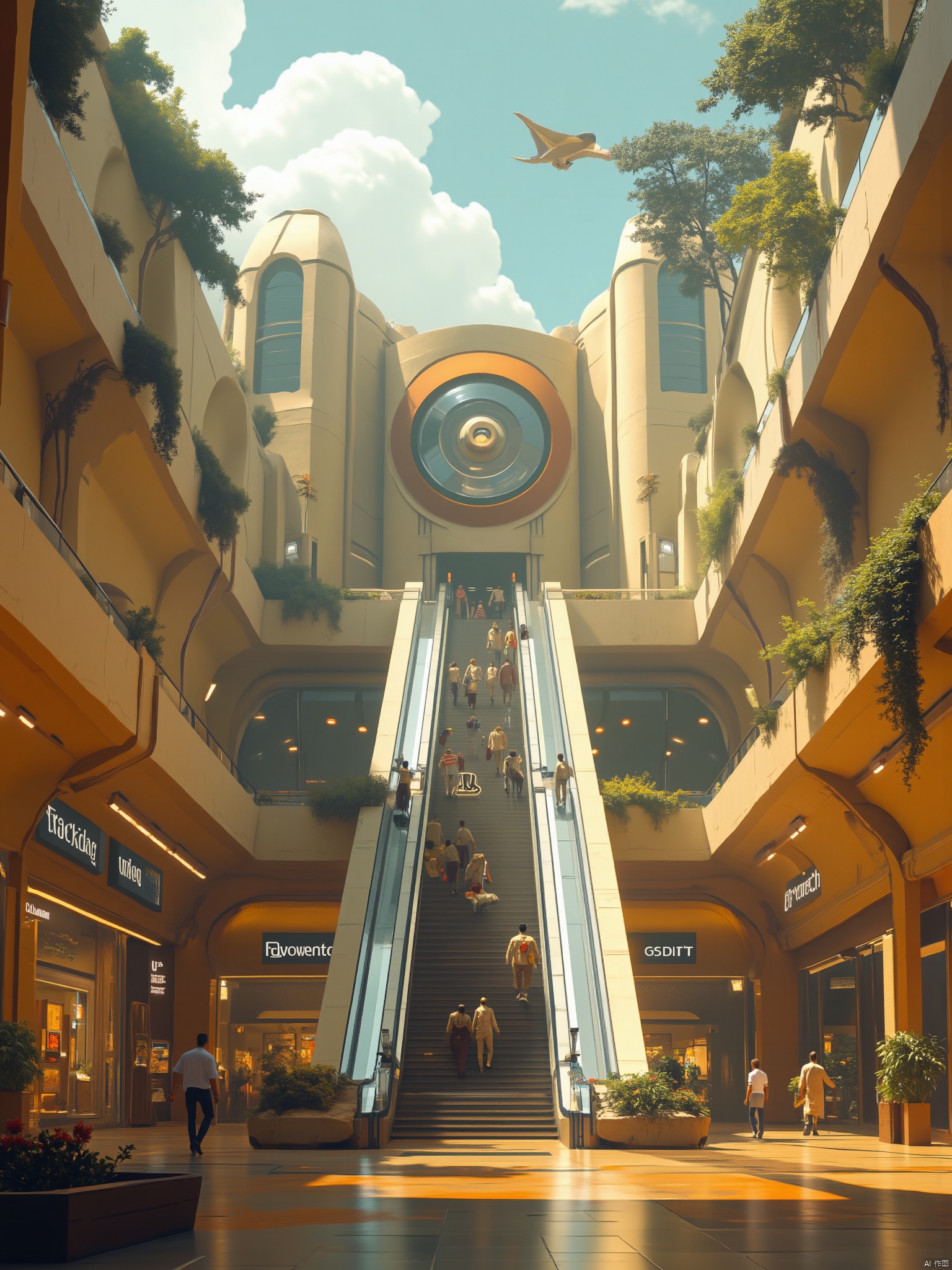 OBweilai,
Captured at eye-level
a high-angle view of the interior of a shopping mall features an escalator. The escalator leads to the top of the building
which is adorned with a circular mirror. To the left of the escalator
there are two men walking in front of a row of stores. The walls of the mall are adorned with arches
adorned with plants and flowers
adding a touch of nature to the scene. In the background
the sky is a brilliant blue
dotted with clouds.