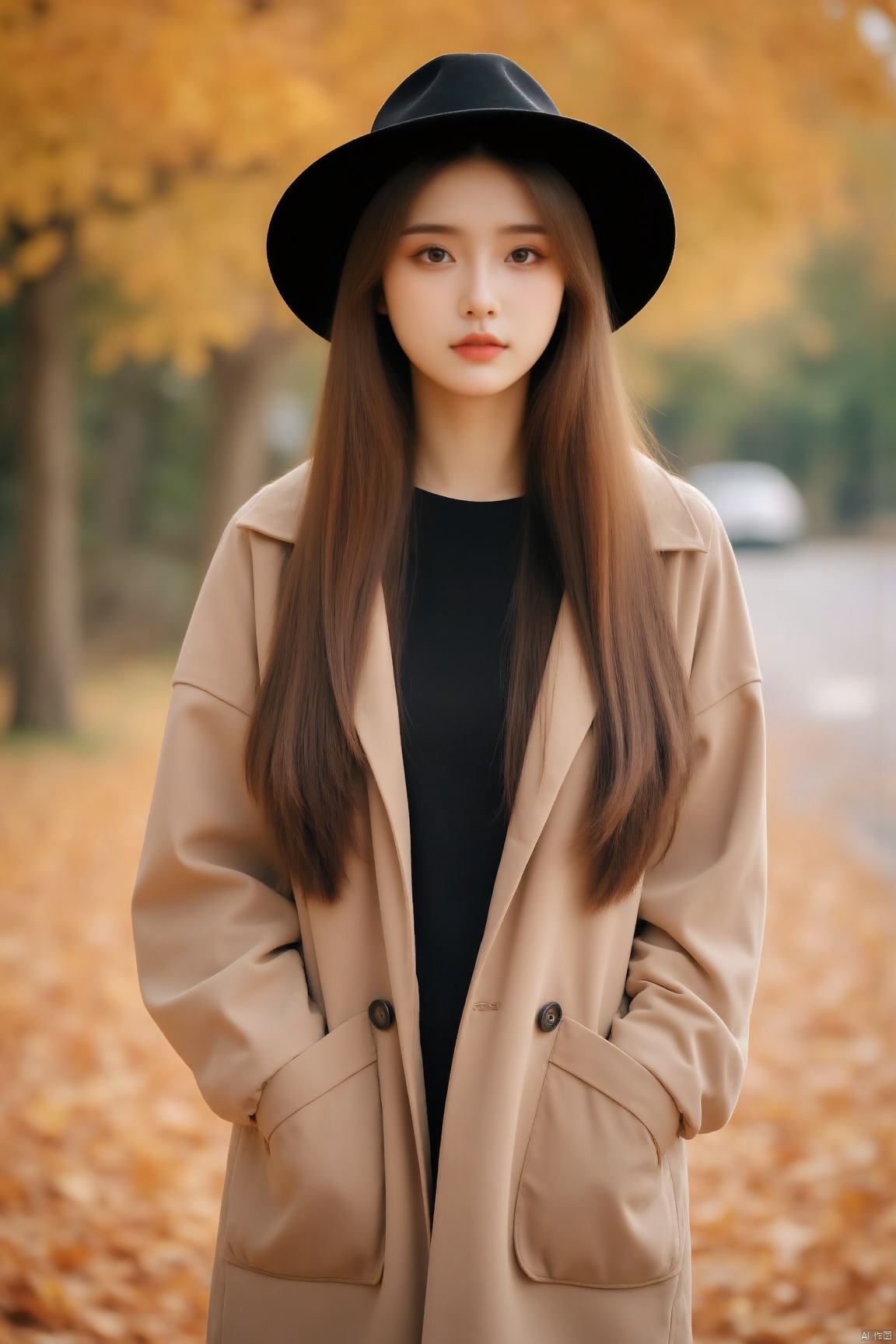 A young woman stands tall,her long brown hair cascading down her back as she gazes directly at the viewer. Her brown eyes are expressive,yet her mouth is closed,suggesting a sense of contemplation. She wears a black hat and beige jacket with open pockets,accentuating her relaxed posture. The rustling sound of autumn leaves surrounds her as she stands amidst a carpet of golden hues,her hands tucked into her coat's pockets.,
