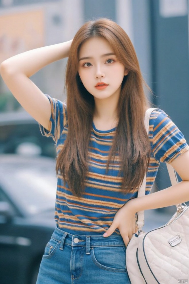 1girl, solo, long hair, looking at viewer, skirt, brown hair, shirt, brown eyes, short sleeves, outdoors, parted lips, day, striped, bag, blurry, arm up, lips, hand on hip, denim, ground vehicle, motor vehicle, striped shirt, handbag, realistic, car, denim skirt