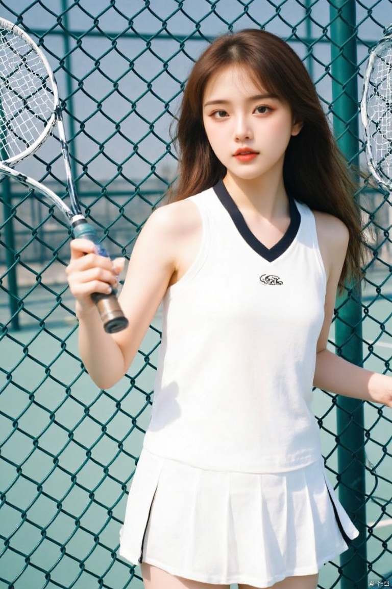 1girl, solo, long hair, looking at viewer, brown hair, dress, holding, brown eyes, standing, sleeveless, white dress, lips, sportswear, realistic, fence, chain-link fence, tennis uniform, racket, tennis racket, net