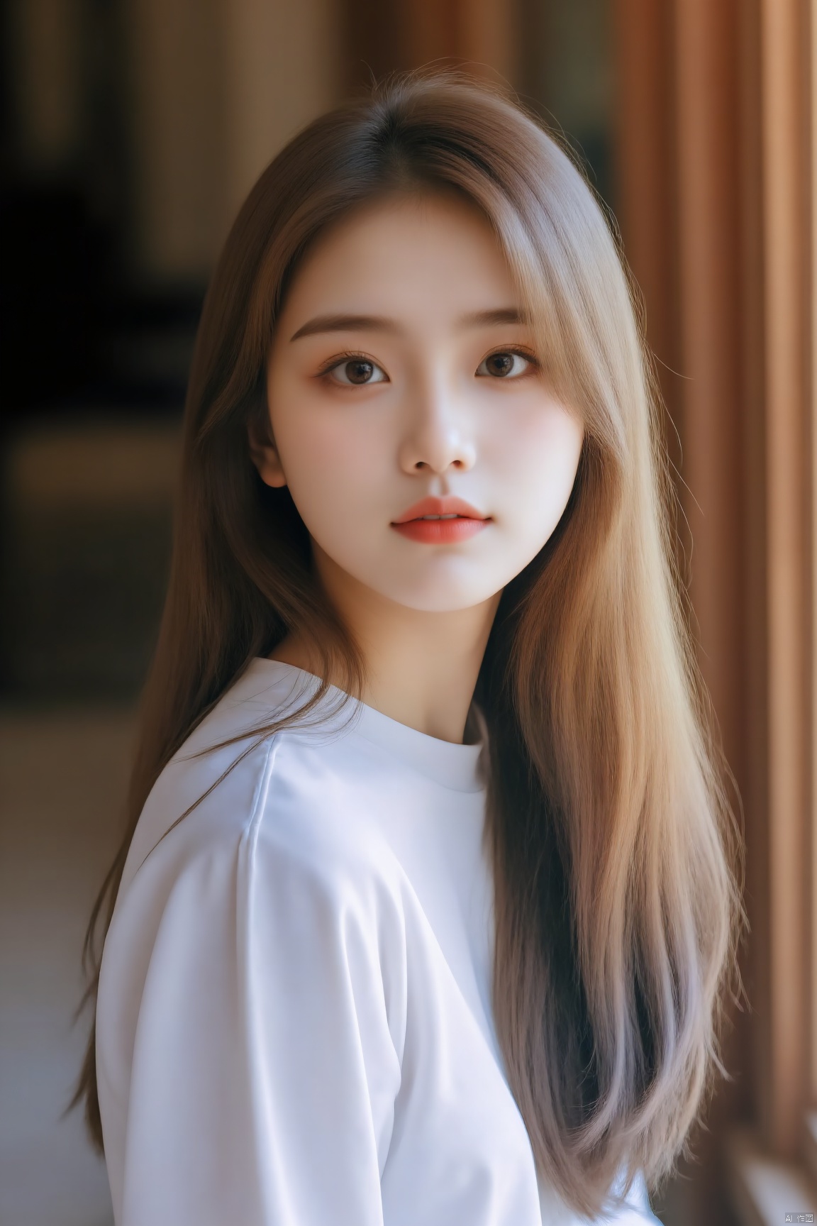 Close-up shot of a girl with long,brown hair and parted lips,gazing directly at the viewer. Her brown eyes are bright and expressive. She wears a crisp white shirt with long sleeves,her upper body filling the frame. The background is blurry,focusing attention on the subject. Her blonde highlights add depth to her rich brown locks.,