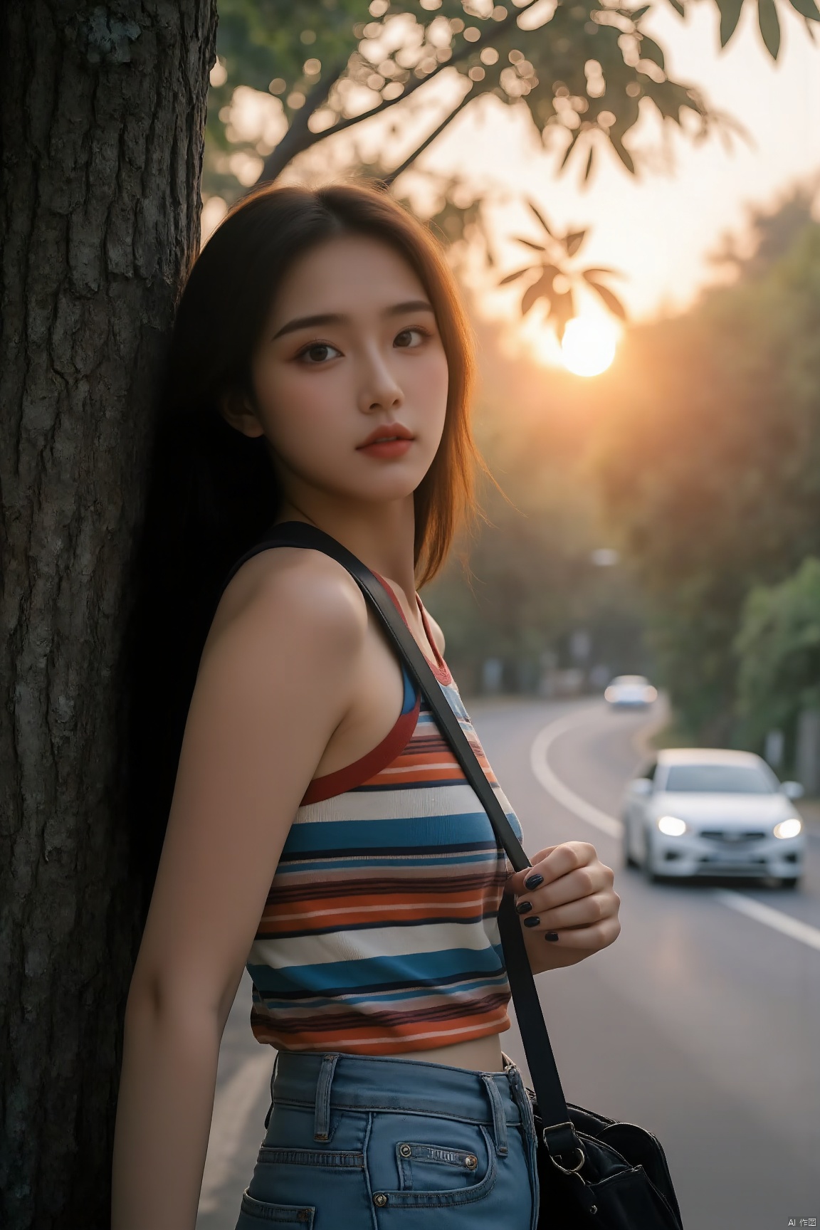 A young woman with long,flowing black hair and warm brown eyes directly addresses the viewer. She wears a striped,sleeveless shirt that accentuates her toned arms,paired with high-waisted denim jeans and scuffed up sneakers. Her dark nails are polished to perfection,matching the glossy finish on her lips. A bag hangs lazily from her shoulder,as she leans against a tall tree trunk,its leafy branches stretching towards the sky. In the background,a sleek car cruises down the winding road,the camera's lens capturing the vibrant colors of the sunset.,