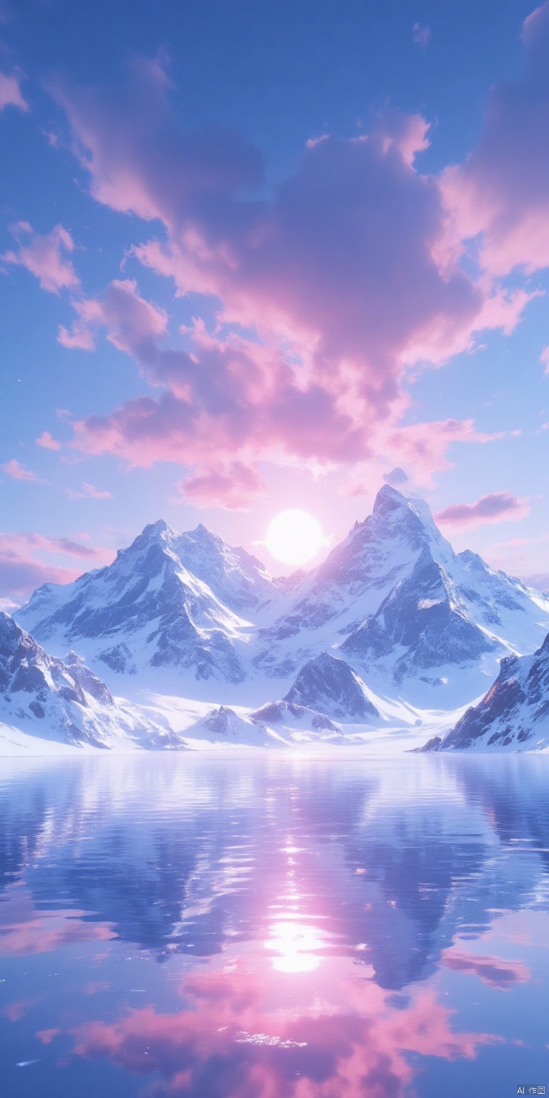 XLDMHF
a medium-angle view of a mountain range is depicted. The mountain range range is adorned with snow-capped peaks

and the sky is a vibrant shade of blue

with a few wispy clouds in the upper right corner of the frame. The sun is visible in the middle of the image

and it is partially obscured by a cluster of fluffy

pink clouds. The mountains are reflected in the water

creating a peaceful and serene atmosphere. The scene is set against a backdrop of a vibrant pink sky

adding a pop of color to the scene.

