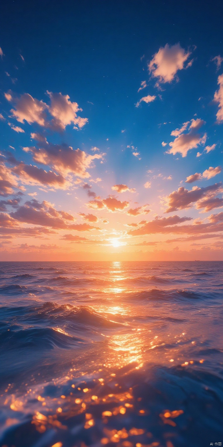 XLDMHF
the eye-level view reveals a vibrant orange and blue sky

adorned with white clouds

adding a pop of color to the scene. The sky is a deep blue

with a few wispy clouds in the upper right corner. The sun is setting in the middle of the sky

creating a striking contrast of orange

blue

and white. The water in the bottom left corner of the frame casts a shadow on the surface of the water

adding depth to the composition.


