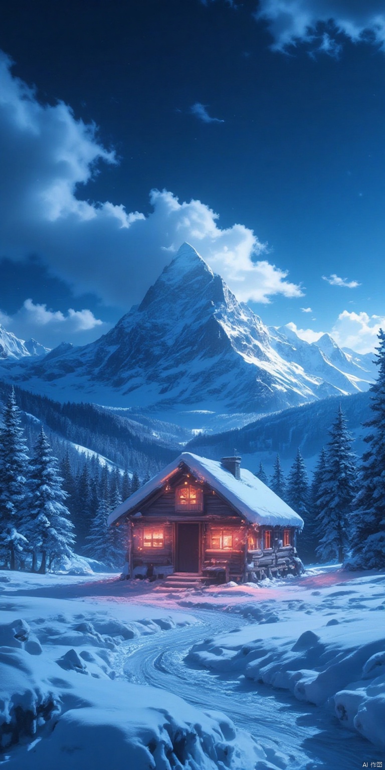 XLDMHF
Captured at eye-level on a snowy night

a small wooden cabin

adorned with a white roof and a red door

is situated in the middle of a snowy field. The cabin is adorned with two red lights

adding a touch of warmth to the scene. The scene is set against a backdrop of a mountain range

dotted with trees and snow. The sky is a deep blue

with white clouds streaming across it

creating a stark contrast to the white snow.

