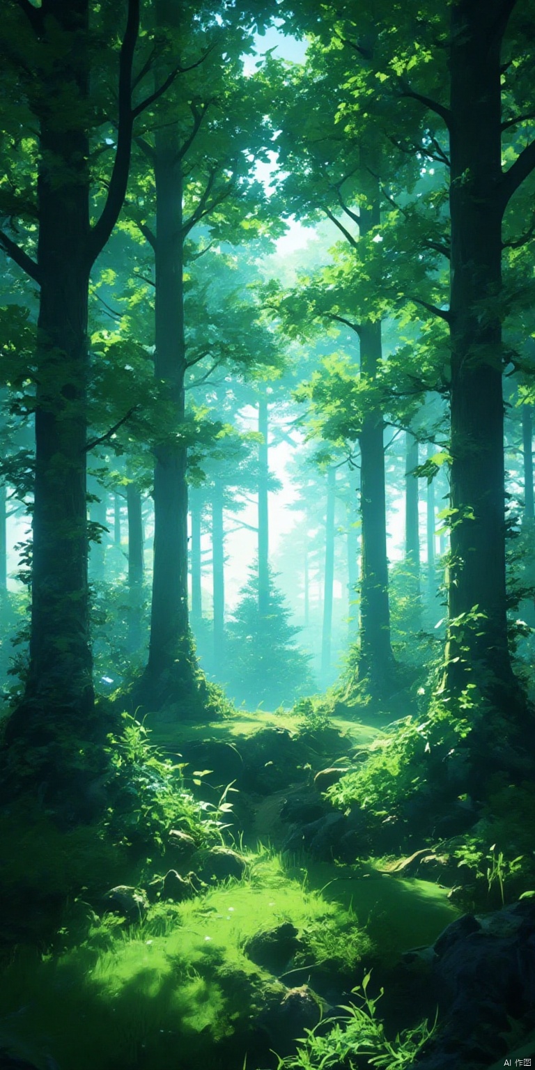 XLDMHF
Captured at eye-level

a medium-angle view of a forest is depicted. The trees

their trunks and branches are covered in green leaves

and the sun is shining through the trees

creating a soft glow on the scene. In the foreground

a patch of grass is visible

adding a touch of color to the scene

while the background is a blend of blue and green.

