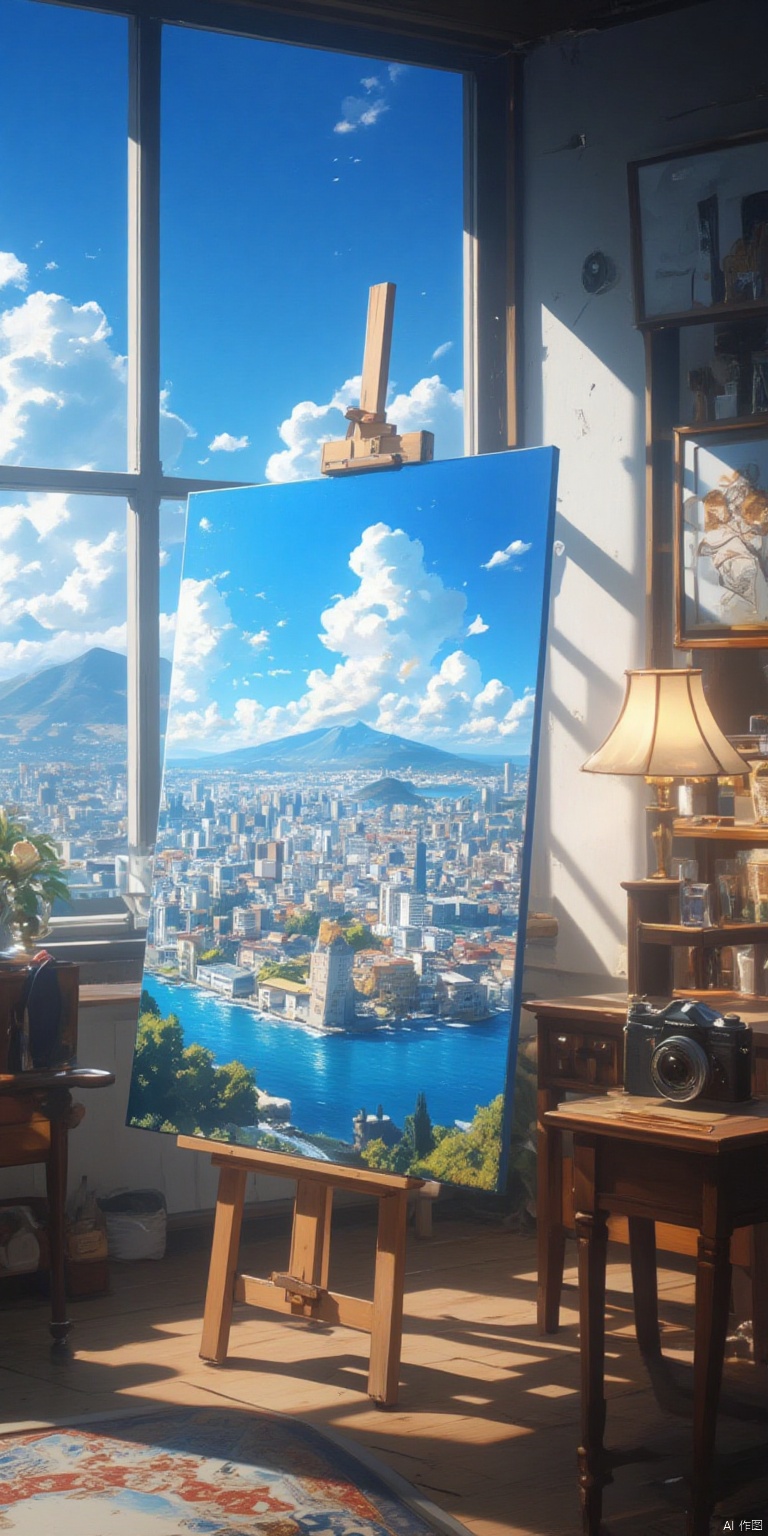 XLDMHF
a painting is displayed on an easel in front of a window. The painting depicts a scene of a city

with a body of water in the foreground. The sky is a deep blue

with white clouds scattered across it

and a mountain range can be seen in the distance. The scene is set against a backdrop of a vibrant blue sky

and the sun is shining through the window. To the right of the painting is a wooden table with a lamp and a camera on it

adding a pop of color to the scene.

