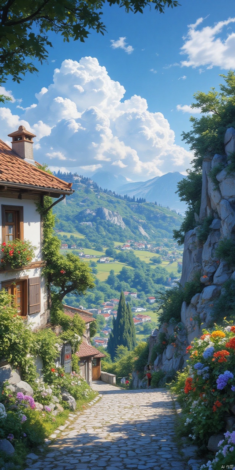 XLDMHF
tCaptured at eye-level on a vibrant day

a cobblestone path winds through a lush landscape. The house

adorned with a red tiled roof

adds a touch of greenery to the scene. To the right of the house

a rocky cliff is dotted with a variety of colorful flowers

adding a pop of color to the overall composition. The sky is a deep blue

dotted with fluffy white clouds.

